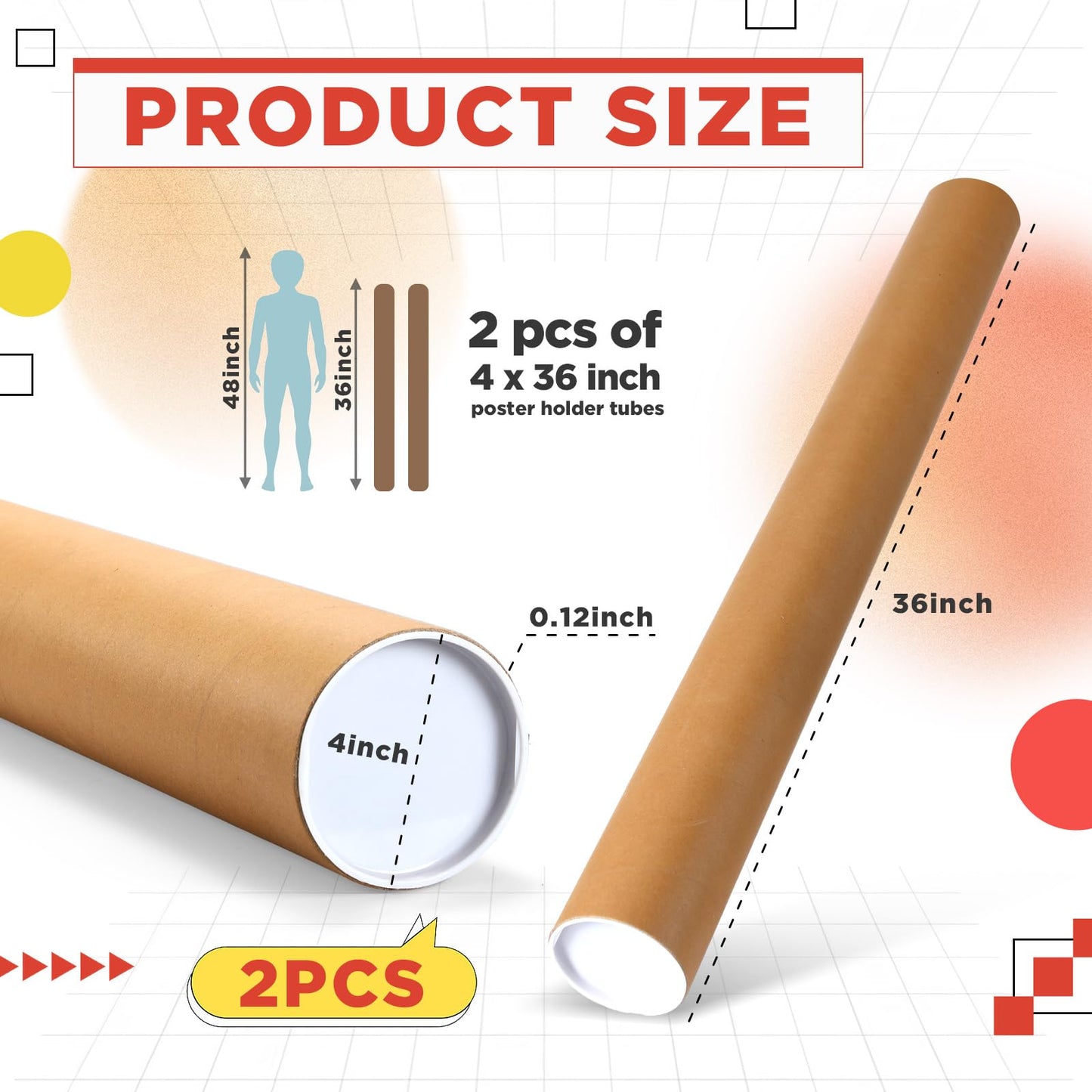 Dunzoom 2 Pack 4 x 36 Inch Mailing Tubes 0.12" Thick Kraft Paper Poster Tube with Plastic Caps for Mailing Storing Rolled Goods Storage of Art Craft Document