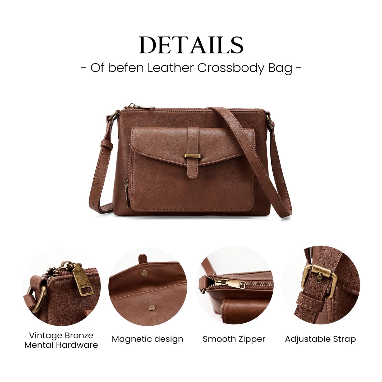 befen Genuine Leather Purses for Women Small Crossbody Purse with Built in RFID Wallet Soft Real Leather Cross Body Bags Brown Shoulder Bag with Adjustable Strap Trendy Handbag for Trave L& Daily