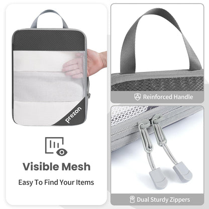 Prezon 8 Set/6 Set/4 Set Compression Packing Cubes for Travel, Lightweight Vacation Travel Essentials,Accessories for Suitcase Organizer Bags Set, Durable Luggage Organizer （6-half mesh-Grey）