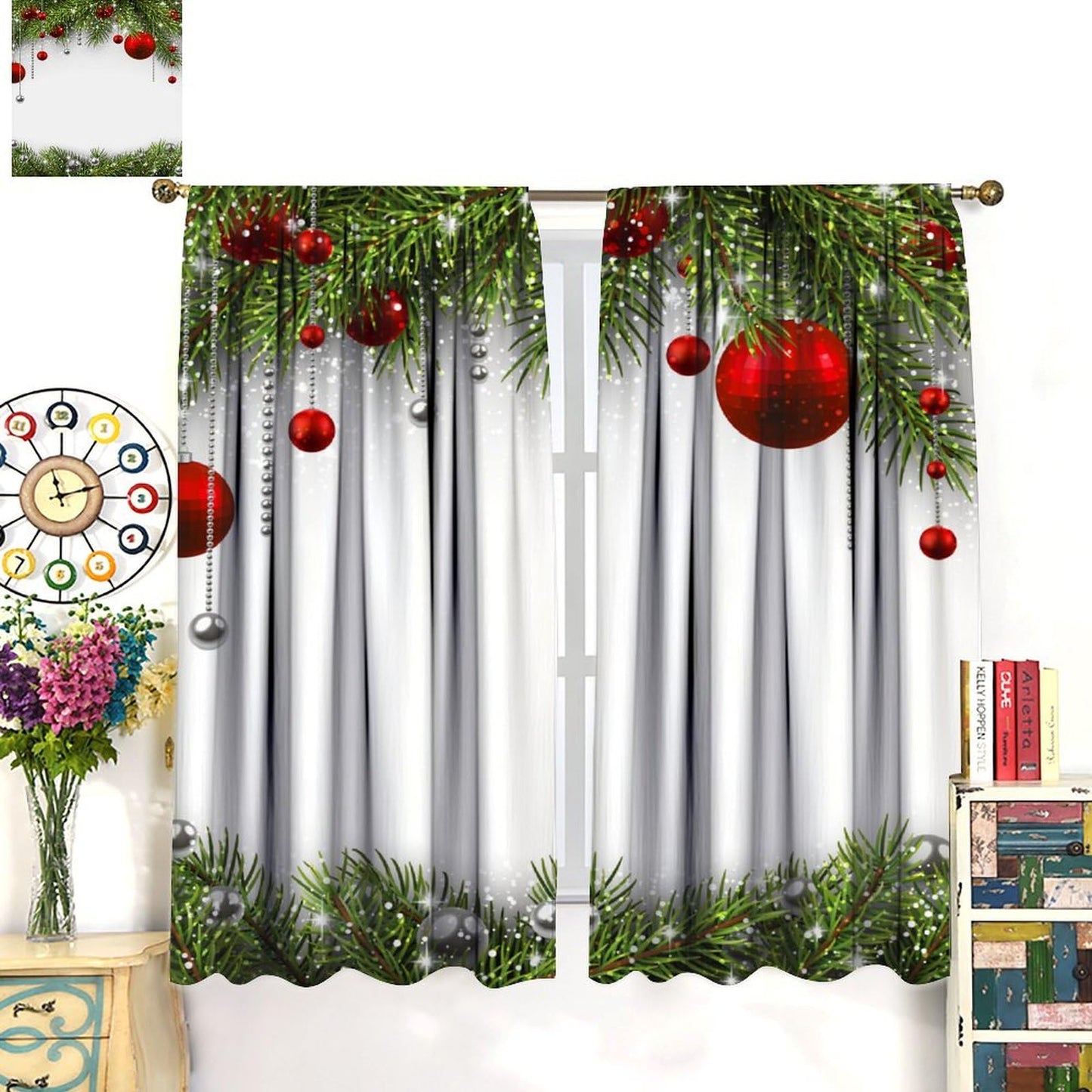 Merry Christmas Classical Ornaments and Baubles Coniferous Pine Tree Window Treatmen for Living Room Bedroom Decor Window Drapes 42" W X 45" L