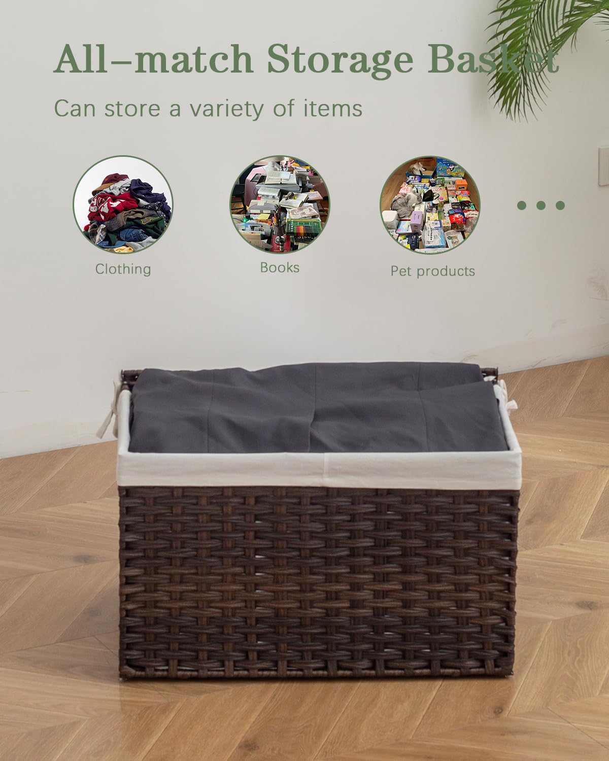 SETVSON Storage Basket with Lid Rattan Woven Storage Baskets with 2 Separate Lids, 17.2 Gallon (65 L), 22 x 13 x 13.8 Inches,Foldable, 2 Removable Liner Bags Handles for Bedroom, Laundry Room Brown