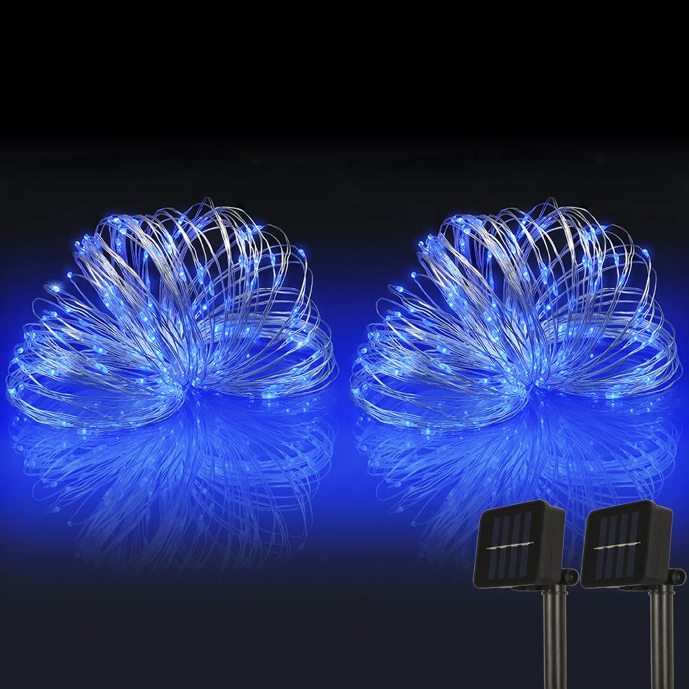 woohaha Solar String Lights, 2PACK 33ft 100 LED Blue Copper Wire Lights, Waterproof Fairy Decoration Starry String Lights - 8 Modes, Indoor/Outdoor for Gardens, Patios, Homes, Parties(Blue,2PCS)