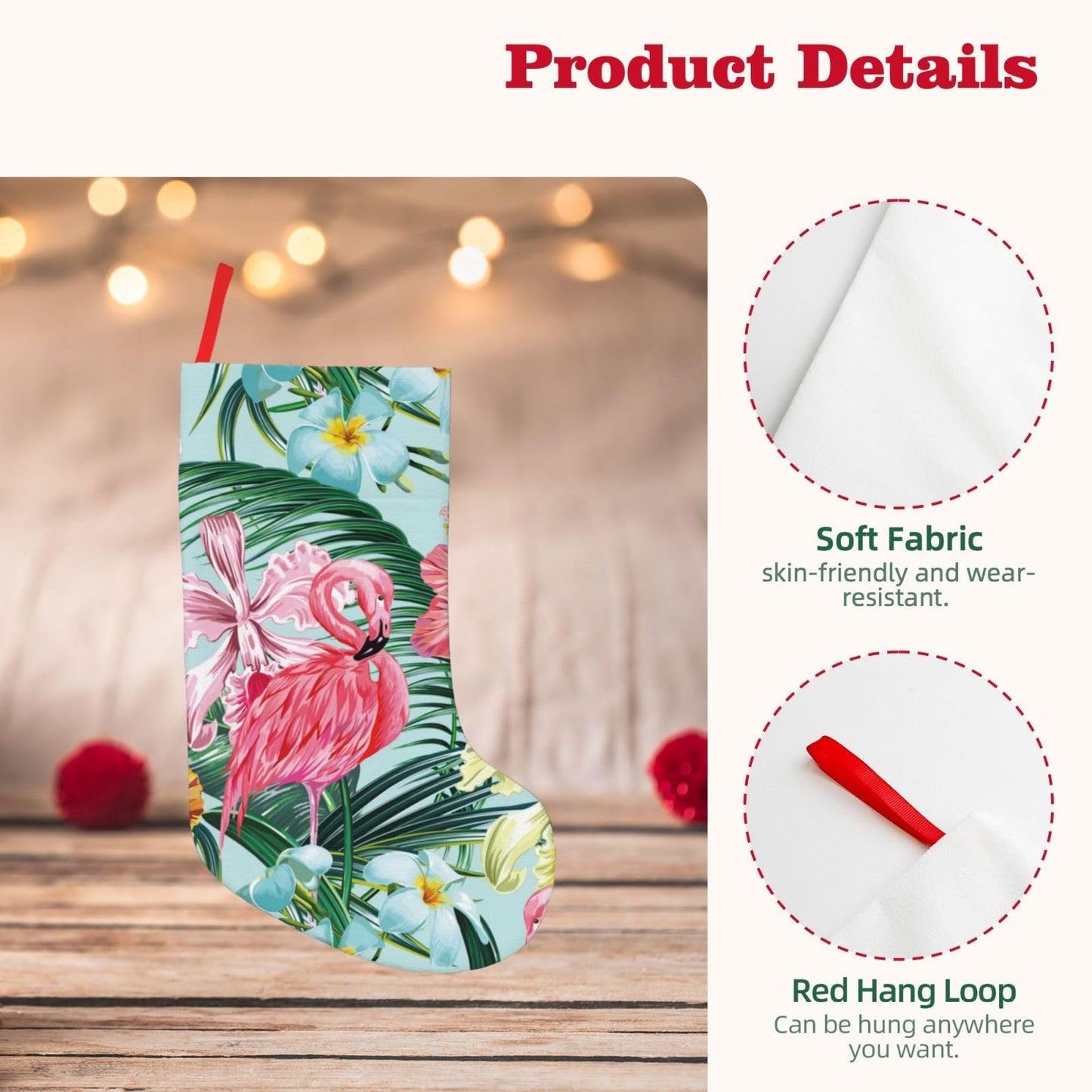 YETTA YANG Tropical Flamingo Flower Palm Tree Leaf Botanical 18 Inches Christmas Stocking Large Stocking Bags Hanging Socks for Christmas Decor Decorations