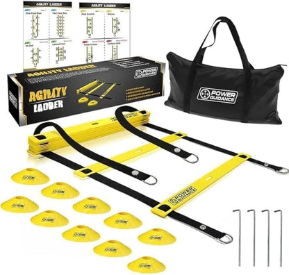 POWER GUIDANCE Agility Ladder (20 Feet) with Cones for Speed Agility Training & Quick Footwork Exercise - Soccer & Football Training Equipment for Adults, Youth & Kids (Yellow)