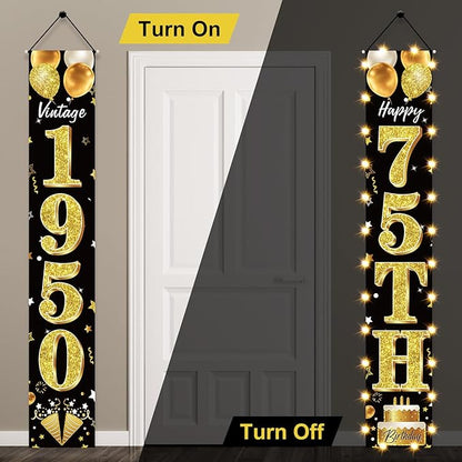 75th Birthday Party Banner Lighted Decorations for Men and Women - Black Gold Vintage 1950 75th Birthday Door Banners with LED Light, 75 Years Birthday Party Supplies for Indoor Outdoor Decor