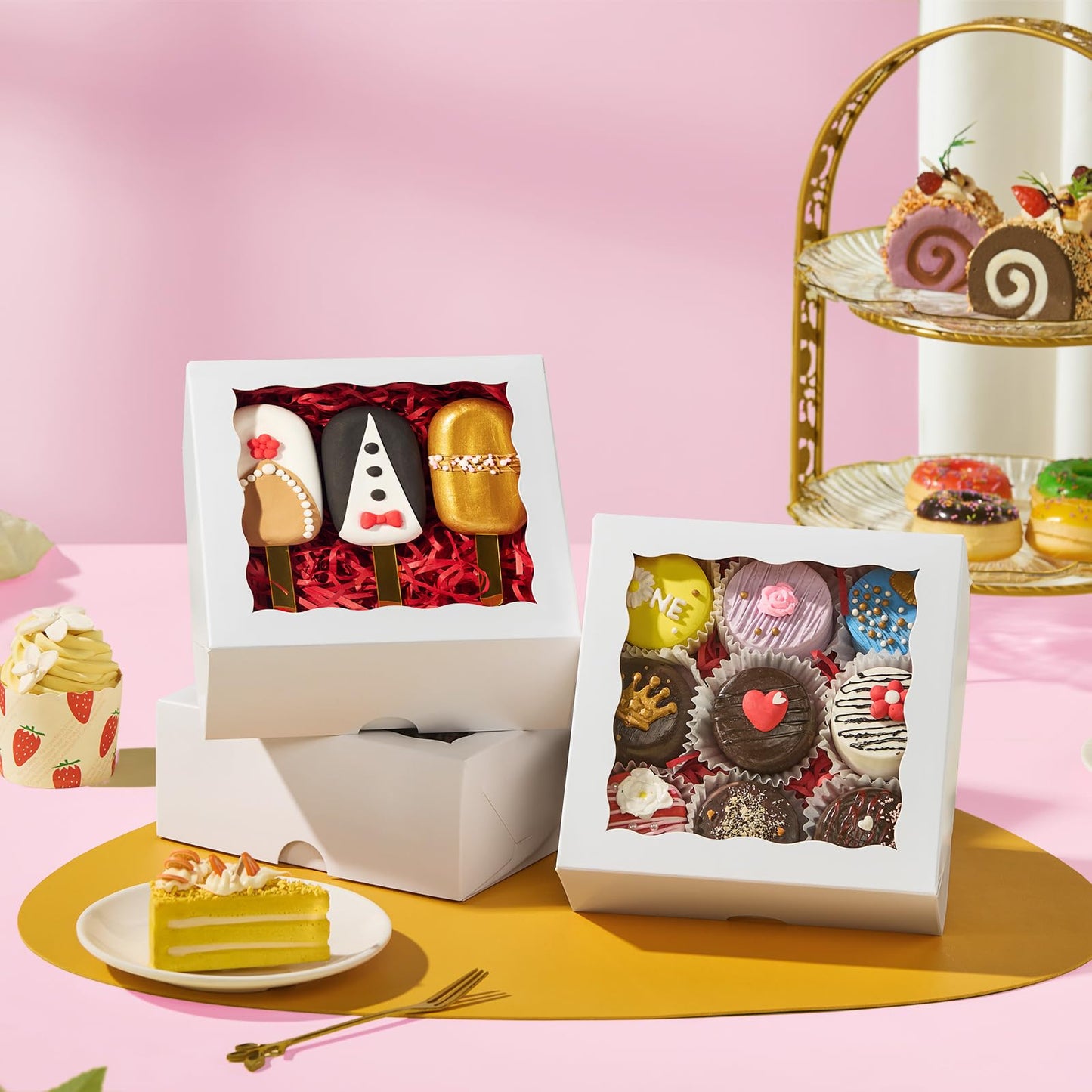 JCXGRVC 100PCS 6"x6"x2½ Bakery Boxes with Window Cookie Boxes Small Cake Boxes Macaron Boxes Pie Boxes Truffle Chocolate Boxes for Christmas Valentine's Mother's Day