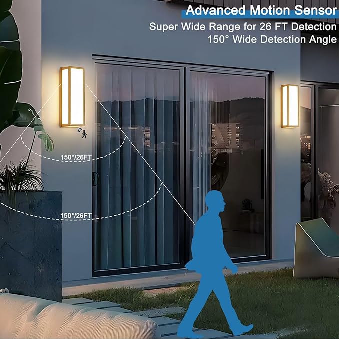Motion Sensor Outdoor Wall Sconce LED 30W Aluminum - Gold Modern Exterior Light Fixture, 3000K Warm,IP65 Waterproof Rectangular Porch Lighting,for Patio,Garage,Front Door