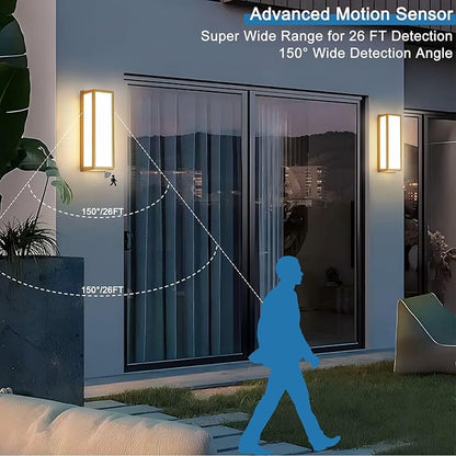 Motion Sensor Outdoor Wall Sconce LED 30W Aluminum - Gold Modern Exterior Light Fixture, 3000K Warm,IP65 Waterproof Rectangular Porch Lighting,for Patio,Garage,Front Door
