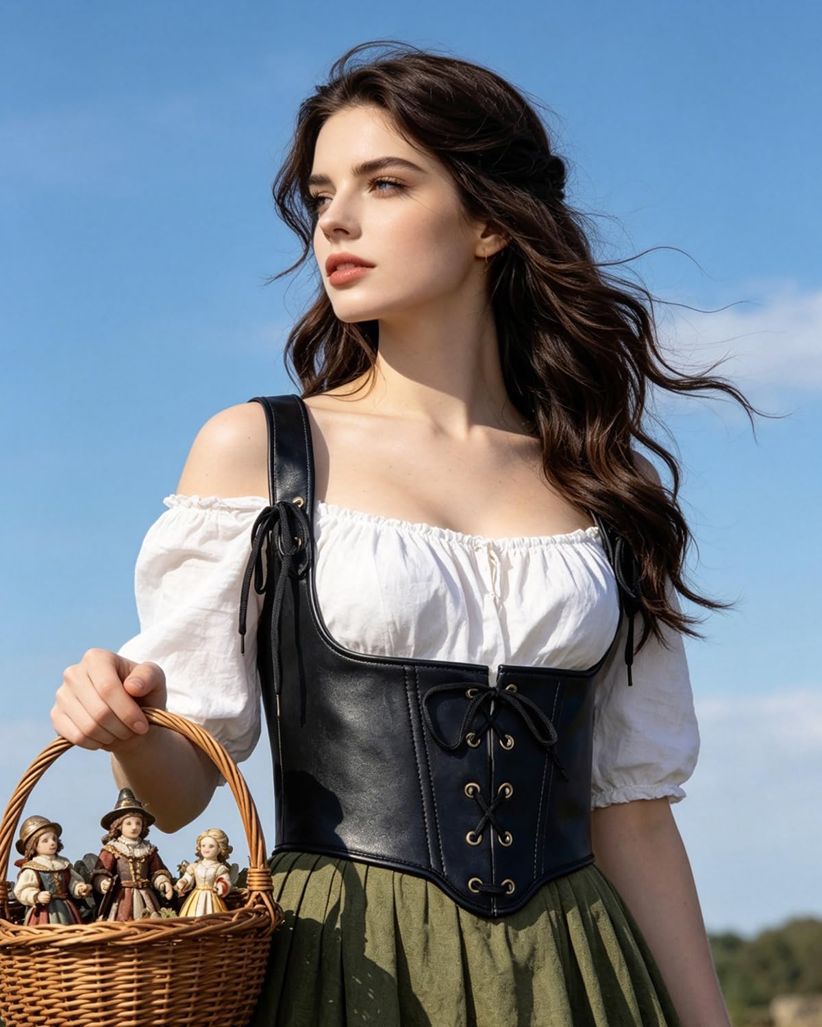 Joukavor Womens Renaissance Leather Corset Belt - Medieval Bustier Waist Cincher with Straps Gothic Corset Harness for Ren Faire (Black, Large)