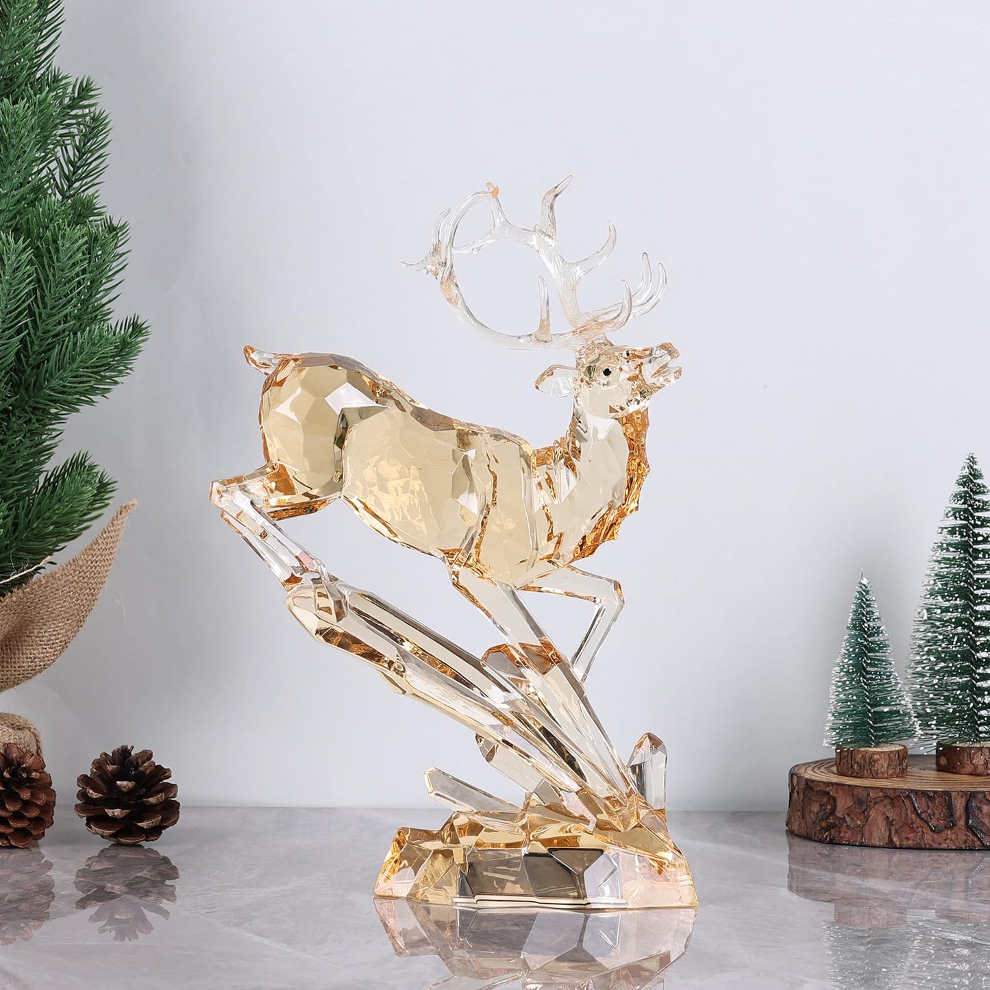 Luxury Acrylic Reindeer Figurine with LED Light for Christmas Decor, Elegant Transparent Crystal-Like Deer Sculpture for Table Shelf Mantel, Reindeer Ornament Holiday Centerpiece (Gold Jumping 11.8")