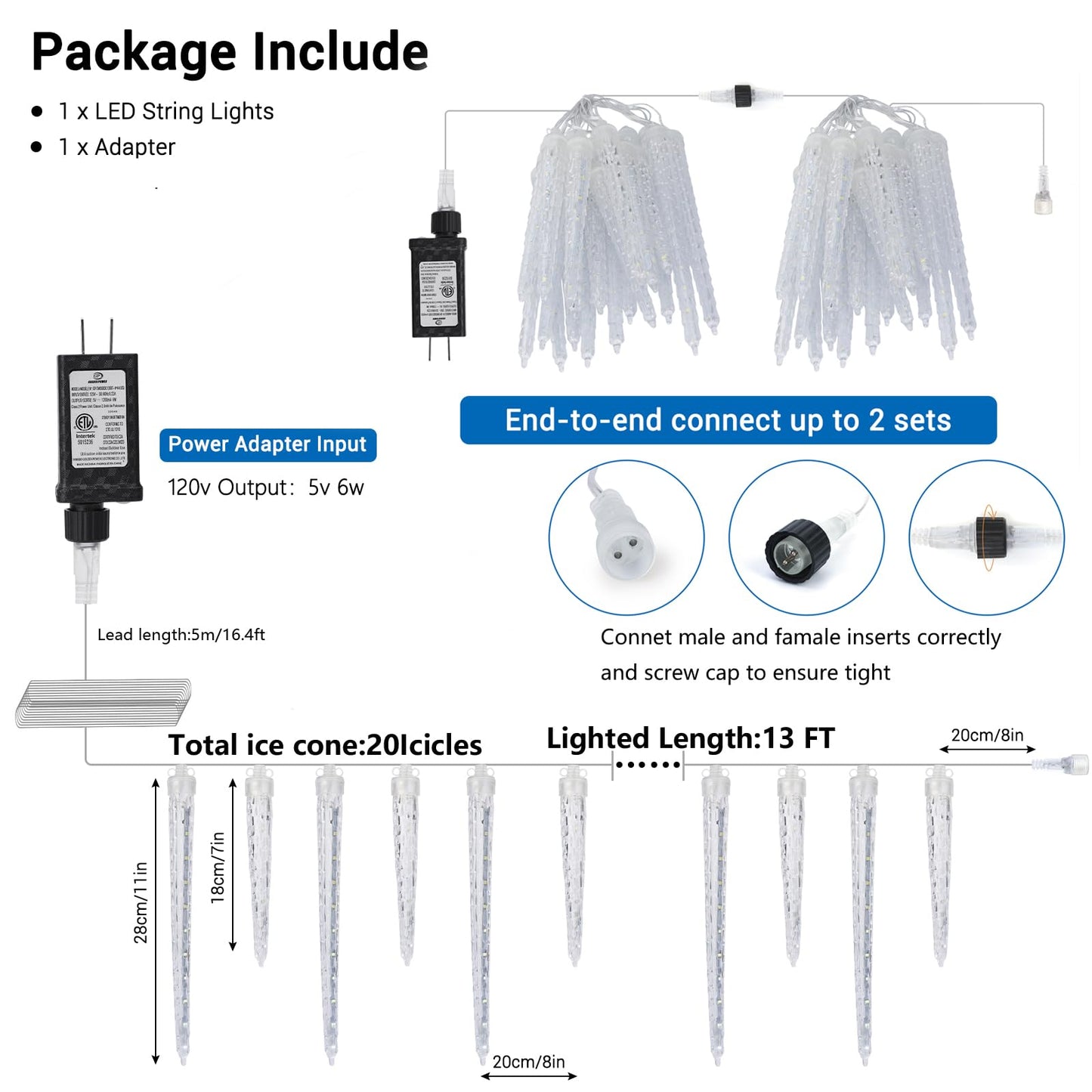 Joomer Icicle Christmas Lights Outdoor, 13FT 20 Icicles 400 LED Meteor Shower Icicle Lights Timer Waterproof Connectable Christmas Light for Outside Home Xmas Decoration - Blue