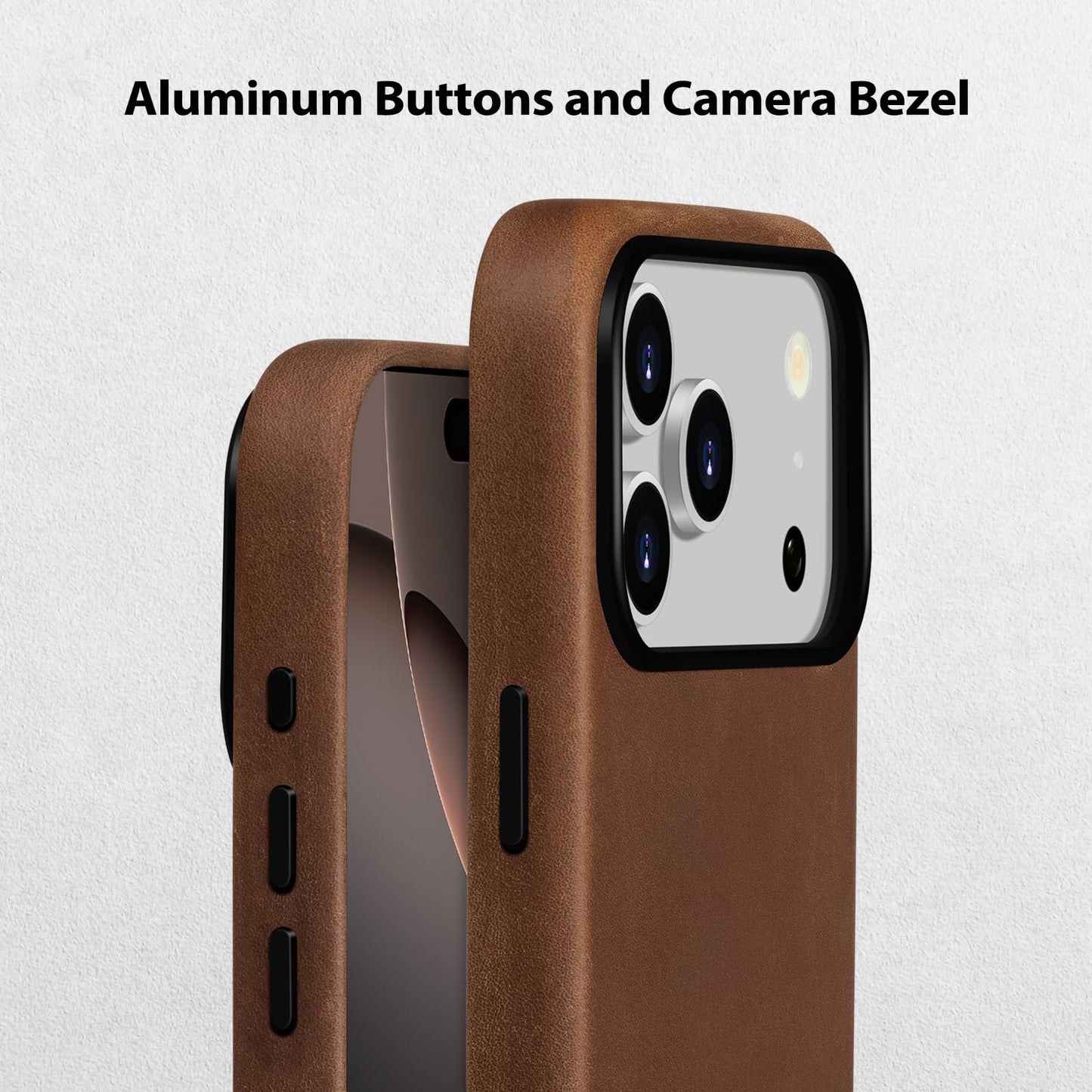 Belemay Handcrafted Crazy Horse Leather Case for iPhone 17 Pro, Compatible with MagSafe, Vintage Aesthetic, Two-Tone Effect, Unique Patina, Camera Control Button, Metal Buttons (6.3"), Vintage Brown