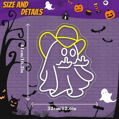 WX&YH Cowboy Ghost Giving The Finger Neon Sign Halloween Neon Signs for Wall Decor Spooky LED Lights for Porch Man Cave Room Bar Halloween Bash Unique Gift for Friends Halloween Nights