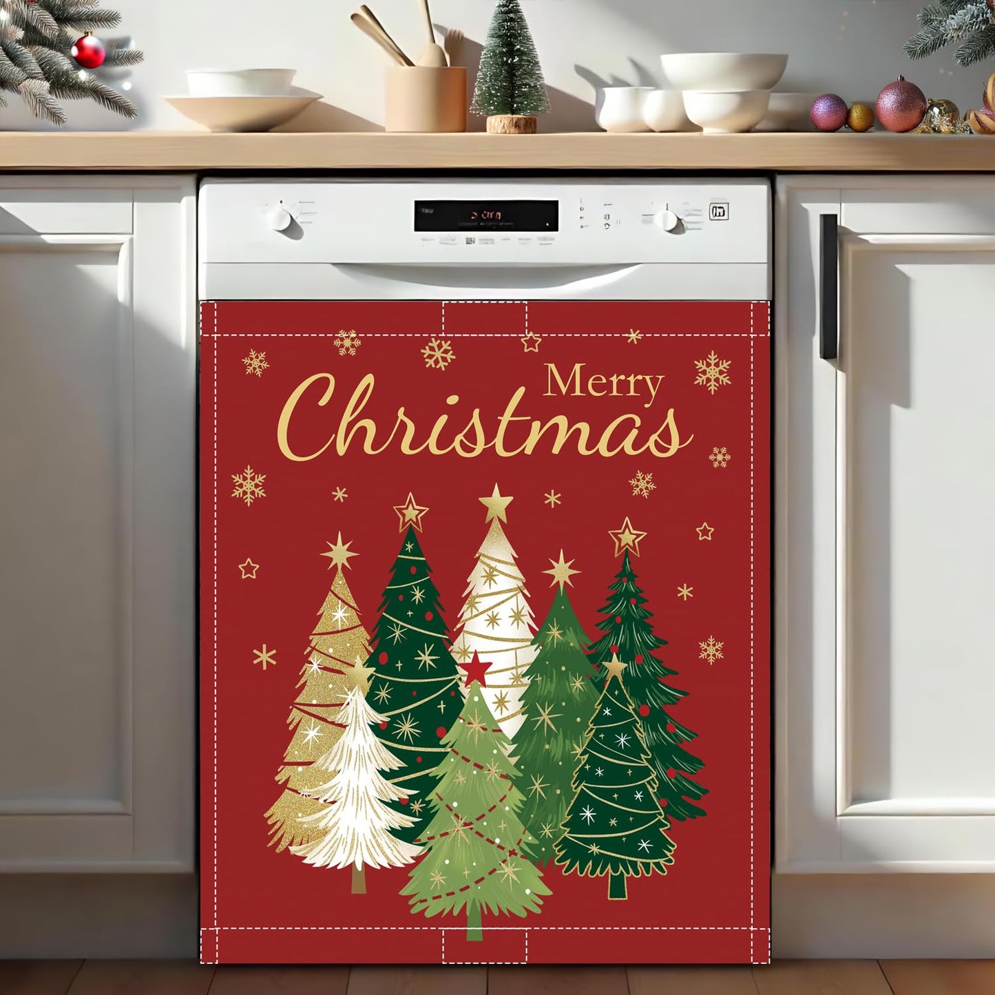 Christmas Tree Magnet Cover 23x26in Merry Christmas Dishwasher Cover for Washers Fridge Panel, Gold Snowflake Magnetic Covers for Kitchen, Reusable Cover, Christmas Holly Evergreen Kitchen Decor