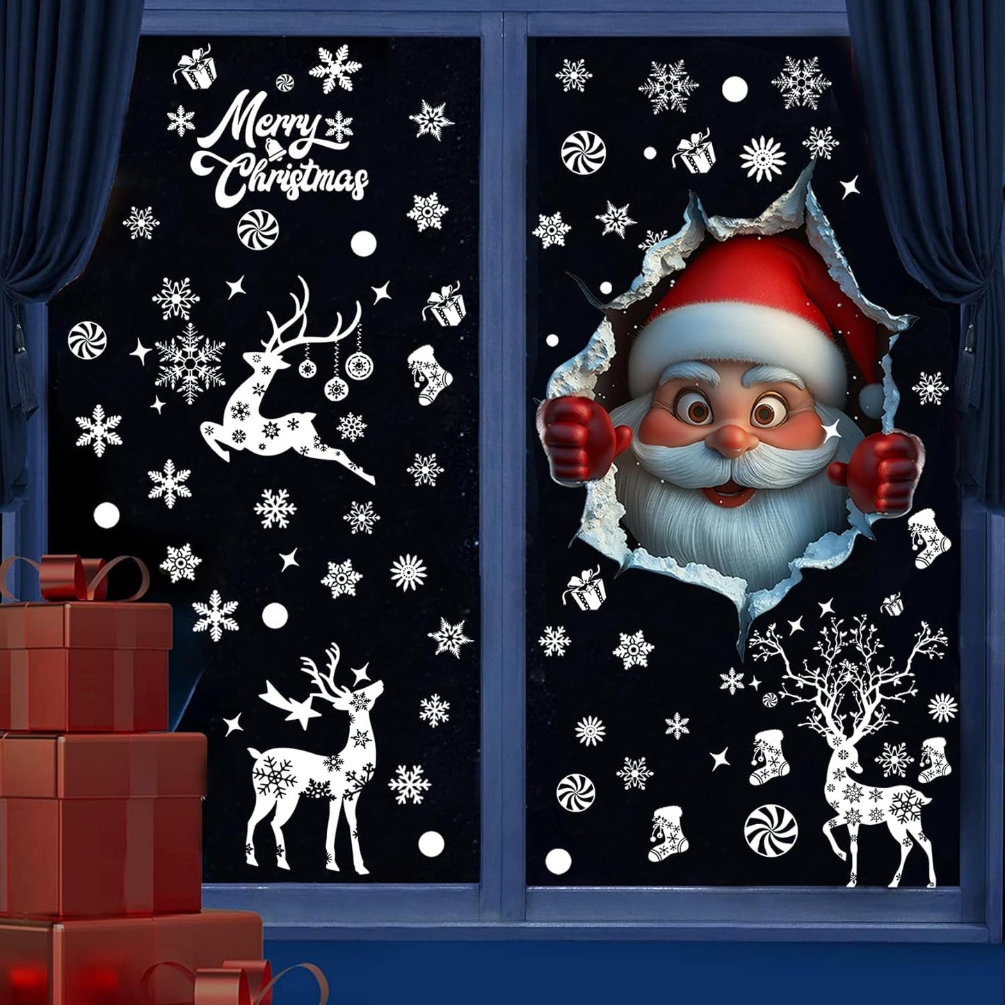Christmas Window Clings Double Sided 3D Santa Claus Window Stickers Christmas Decorations Removable Reindeer Snowflake Vinyl Decals for Glass Windows, Home, Shop, Office, Holiday Party Xmas Decor