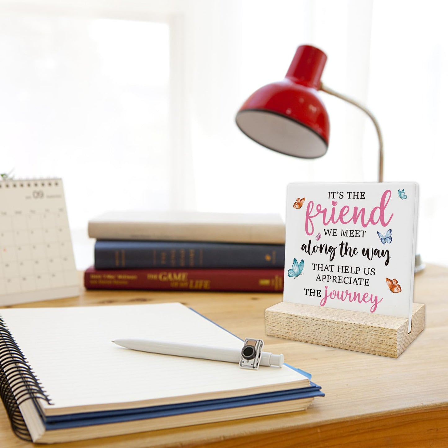 REWIDPARTY Friendship Gifts for Women Motivational Friendship Ceramic Sign Keepsake Christmas Birthday Gifts for Friend Colleague Ceramic Desk Sign Plaque with Wooden Stand for Home Office Decor