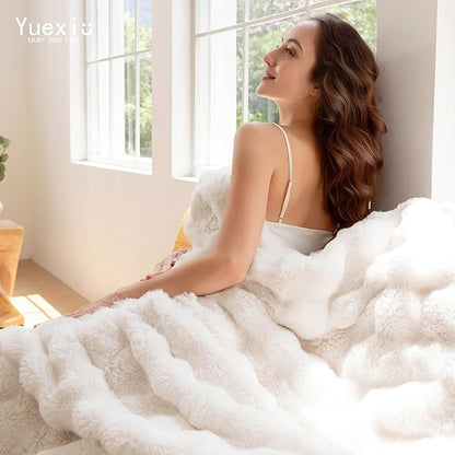 Luxury Faux Fur Throw Blanket 3D Bubble for Couch - Fluffy Blanket Double-Sided Non-Shedding, 50x60 Inches, Fits Bed/Car/Camping/Patio, Gift for Women,Room Decor,White