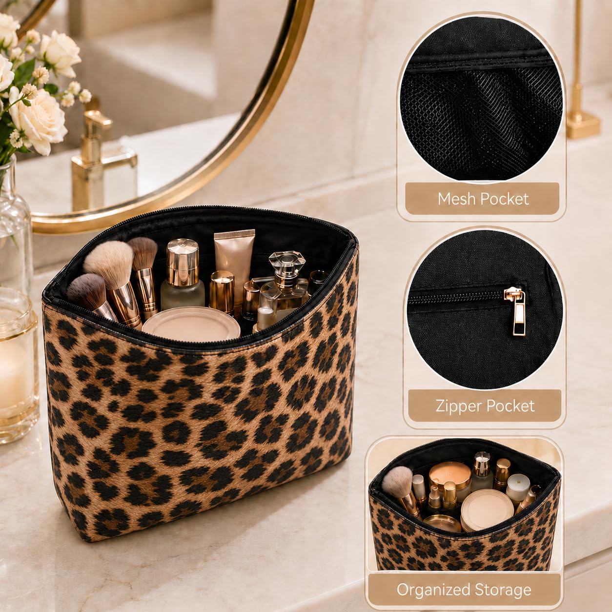 imerelez 3PCS PU Leather Makeup Bag, Large Travel Cosmetic Pouch, Cute Toiletry Organizer for Women, Set of 3