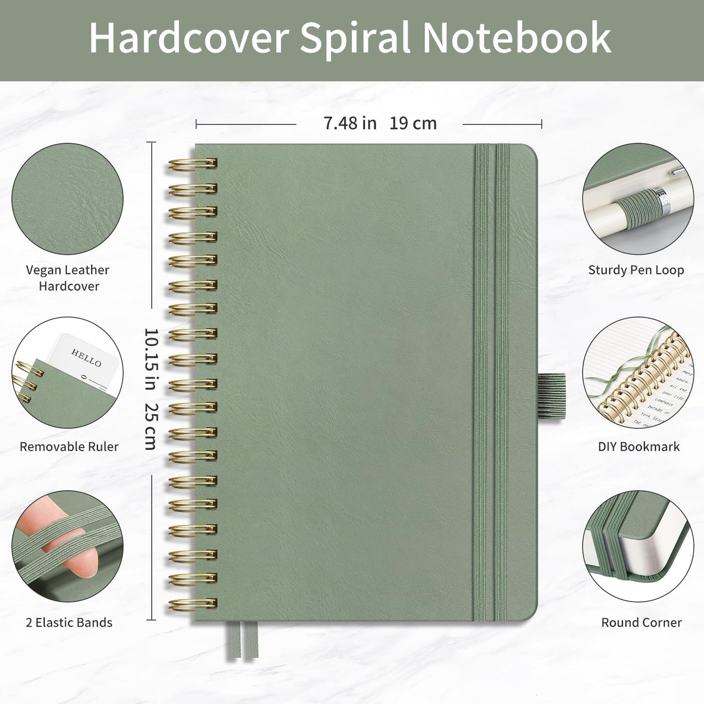 EMSHOI B5 College Ruled Spiral Notebook, Thick 300 Numbered Pages, 100GSM Ink-Proof PU Leather Hardcover Lay-Flat Lined Journal for Work Office School Writing, 7.48"x10.15", Light Green