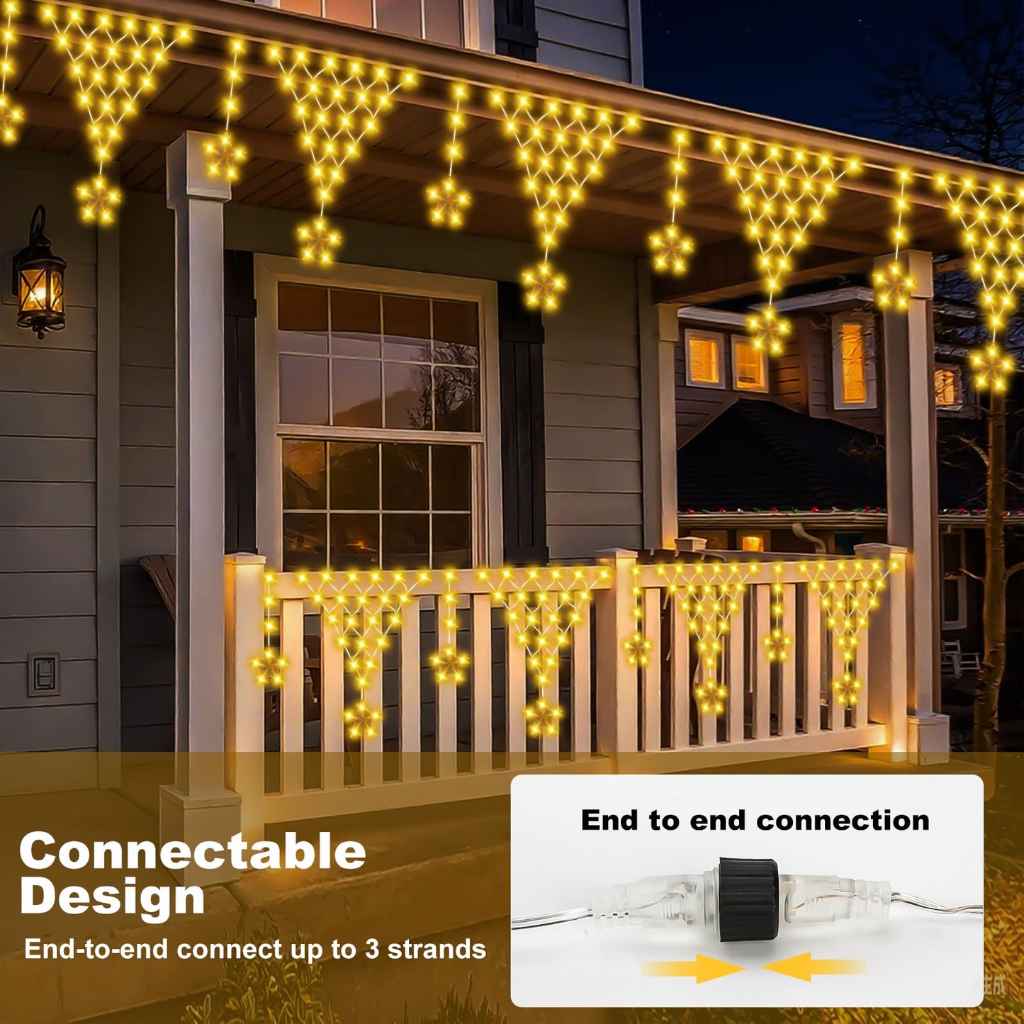 Ramadan Outdoor String Lights Waterproof, 218 LED 13.8FT Star Curtain Fairy Lights with 12 Drops Connectable Clear Wire Christmas Light Decorations 8 Modes for Eaves Yard Wedding Party Holiday Decor