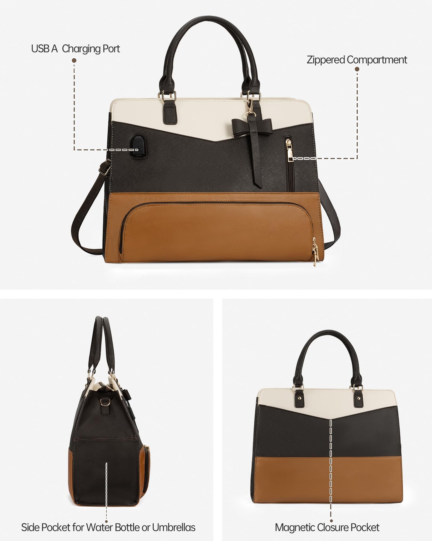Tiostep Lunch Tote Bag for Women 2 in 1 Laptop Work Bag with Lunch Insulated Compartment and Purse Combo Leather Crossbody Bag (Black Brown)