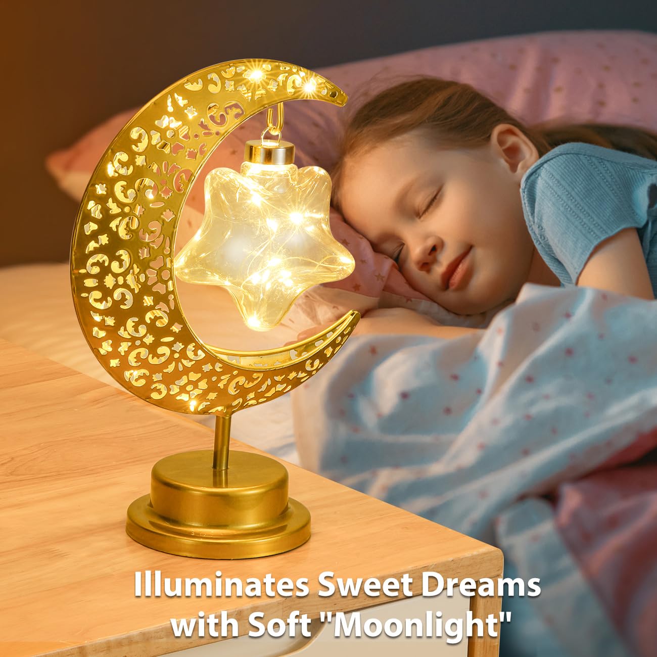 Lewondr Decorative Table Lamp, Battery Powered Ramadan Desk Lamp Decorations Crescent Table Light Lunar Star Moon Lantern for Bedside Nightstand Desktop Room Party, Eid Mubarak Decor, Warm Light