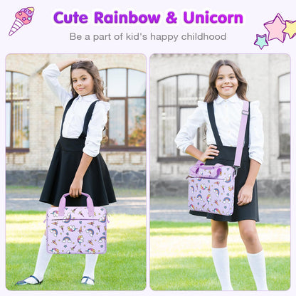 MoKo 10-12.5 Inch Kids Tablet Sleeve Carrying Case for Fire HD 10 13th/11th Gen, Fire HD 8/7 Kids 2022, Tablet Bag with Shoulder Strap for 10/10.1 Inch Android 12/13, Rainbow & Unicorn (Lilac)