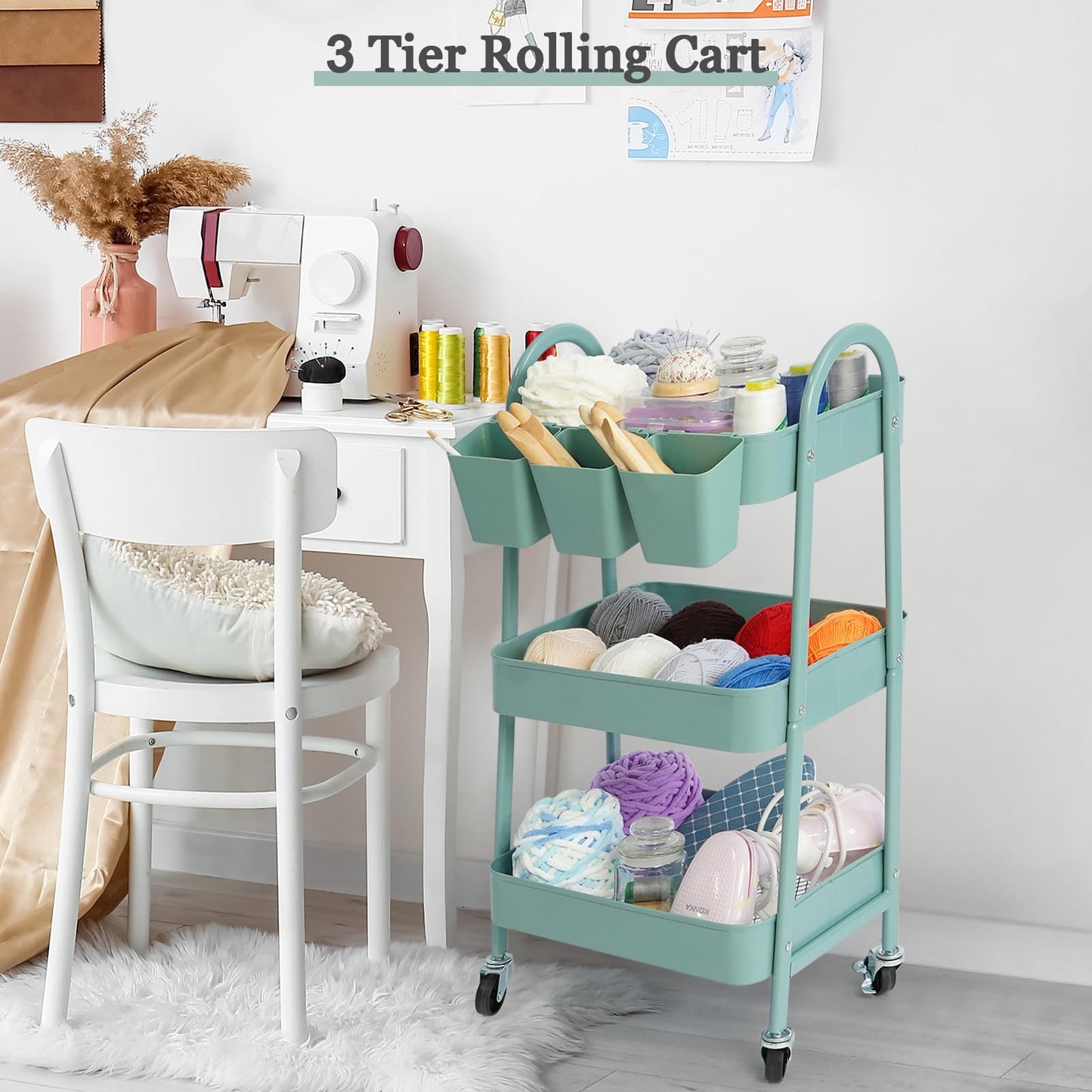 danpinera 3-Tier Rolling Cart, Utility Cart Mobile Metal Rolling Storage Cart with Lockable Wheels & Hanging Cups & Hooks for Kitchen, Bathroom, Office, Workshop, Green