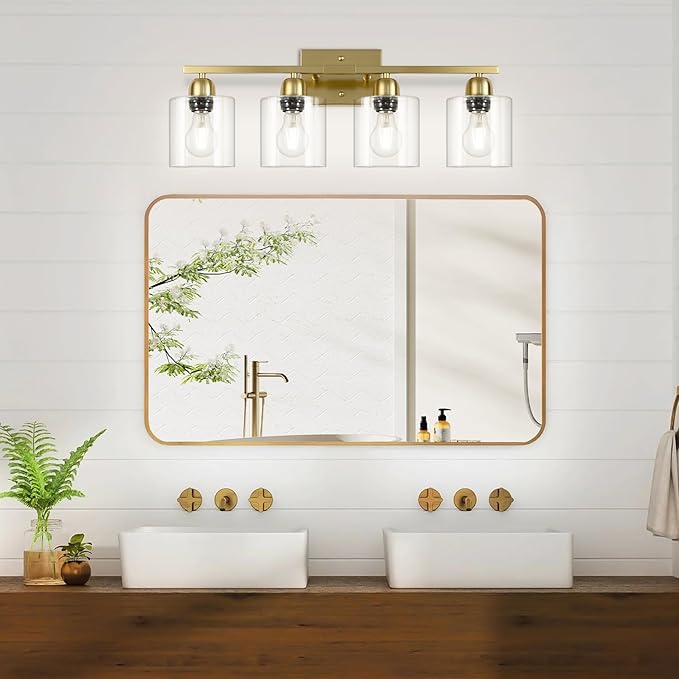 Modern Brushed Gold 4 Light Bathroom Light Fixtures, 24 inch Vanity Lights for Bathroom with Clear Glass for Mirror Kitchen Living Room Hallway Cabinet Porch