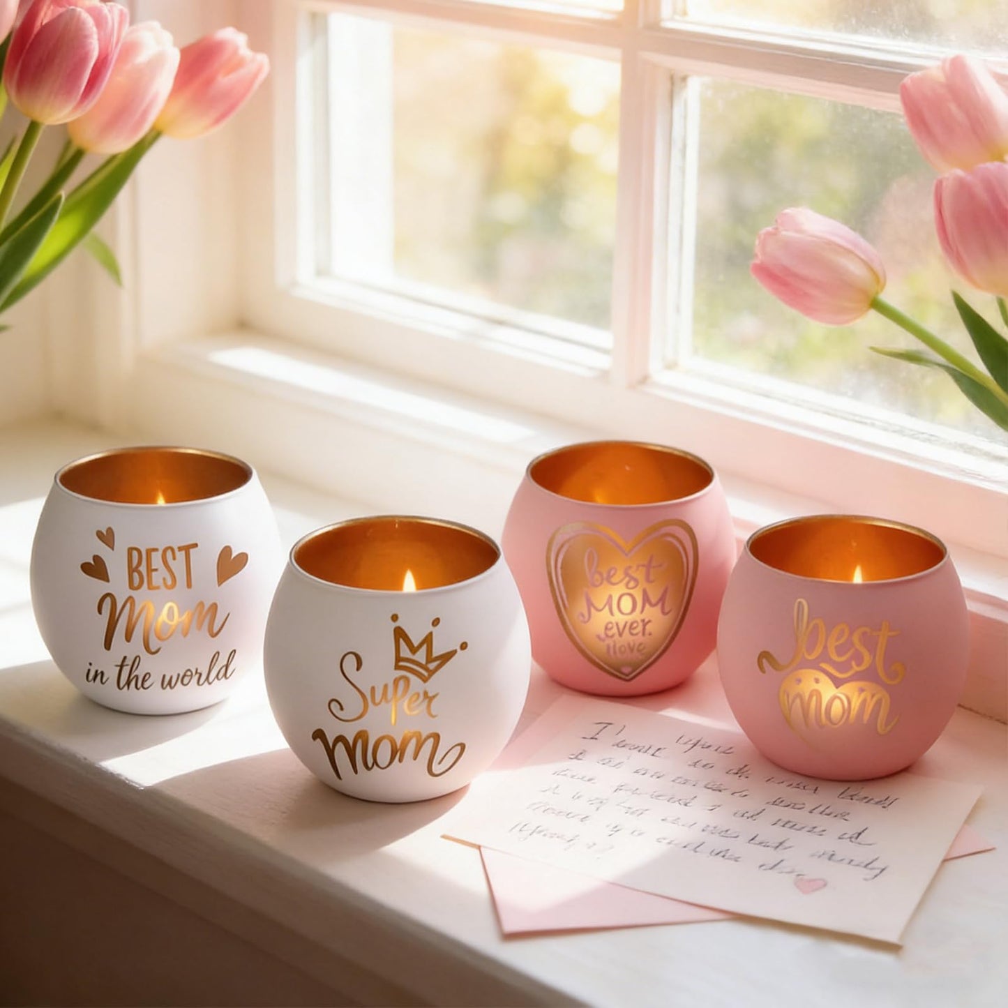 Mother's Day Glass Candle Holders Set of 4, Best Mom Ever Tealight Holders with Super Mom & Heart Designs, Decorative Votive Candle Holders for Women's Birthday, Grandma Gift & Mother's Day Decor