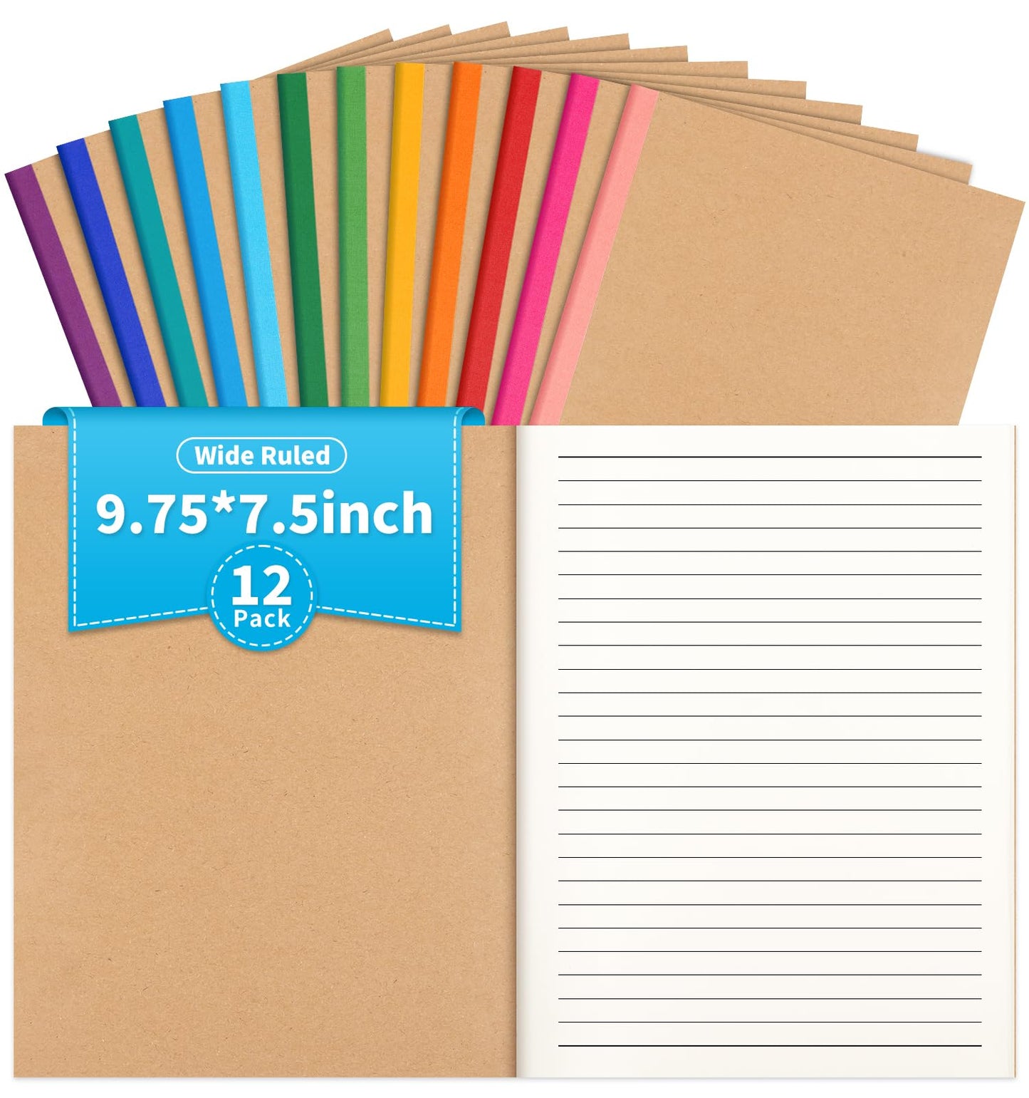 12 Pack Lined Notebook Journals Bulk, 7-1/2" x 9-3/4", Wide Ruled Paper, 30 Sheets/60 Pages, Kraft Cover with Rainbow Spines, 12 Colors Lined Composition Notebook Journal for Work Study Note Taking