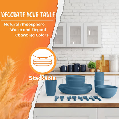 Wheat Straw Dinnerware Set 40-Piece Service for 8 Unbreakable Dishes Set Plates and Bowls Sets Drinking Glasses Microwave Safe Dish Set Lightweight Dinnerware Set for Home & Kitchen - Yellow