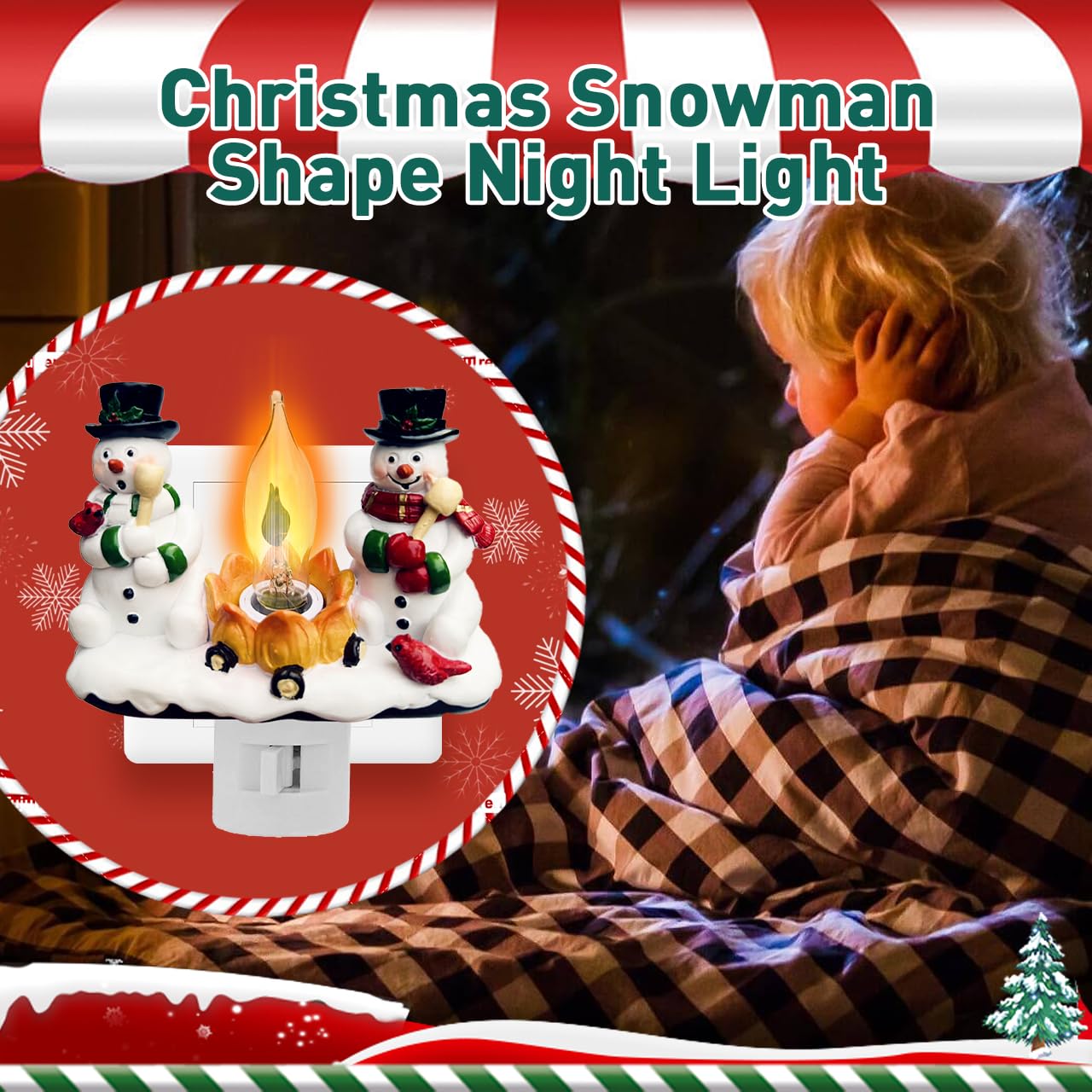 Christmas Decorations，Snowman Campfire Night Light，4 Inch Resin Rotating Plug Christmas Night Light with Flame Flicker Effect, Suitable for Children's Room, Hallway, Living Room, Staircase Decoration