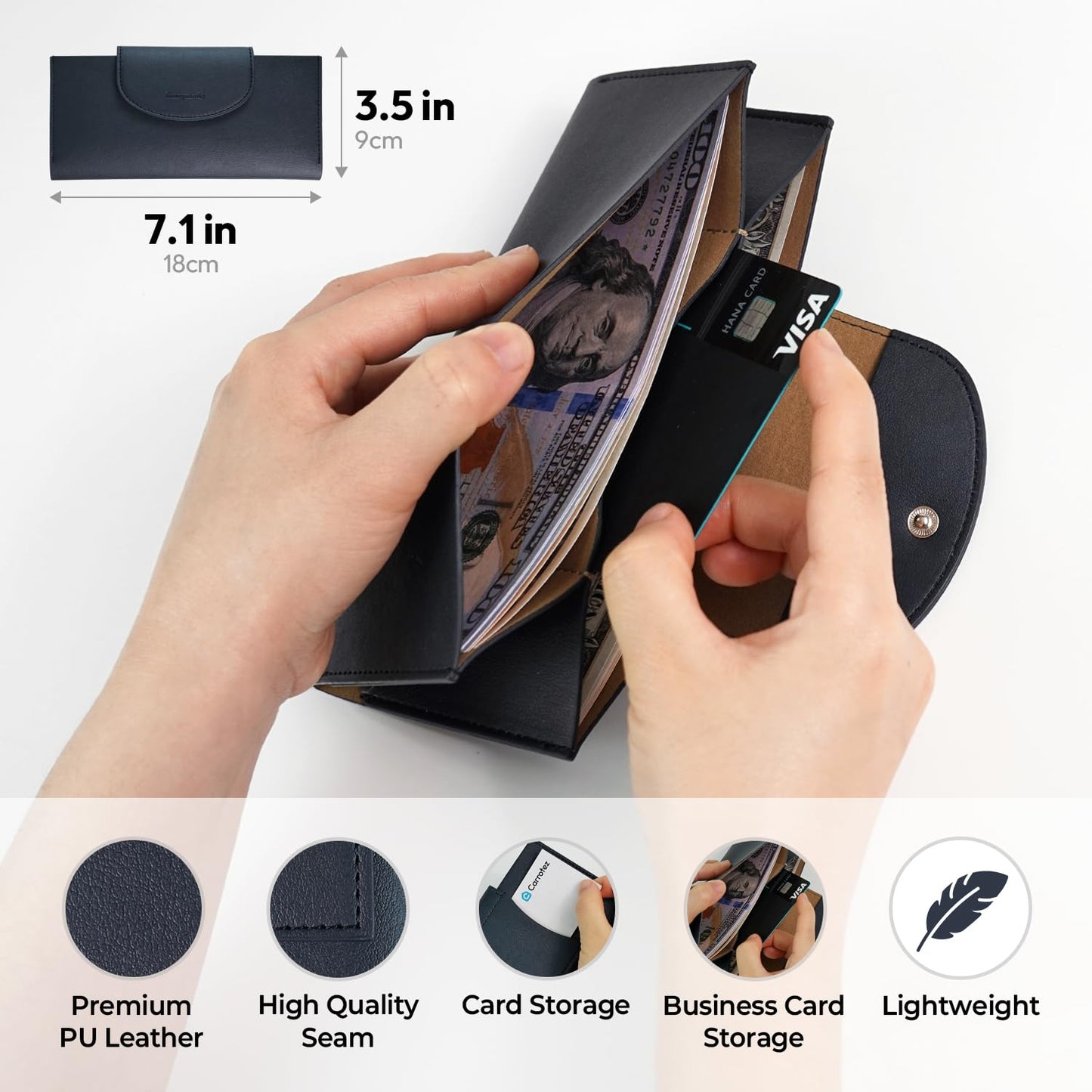 carrotez All-in-One Long Bifold 2-Tier PU Leather Wallet for Women, Money Organizer for Travel, Budgeting, Cash Envelope Wallet for Carrying Cash, Credit Cards & Business Cards - Indigo