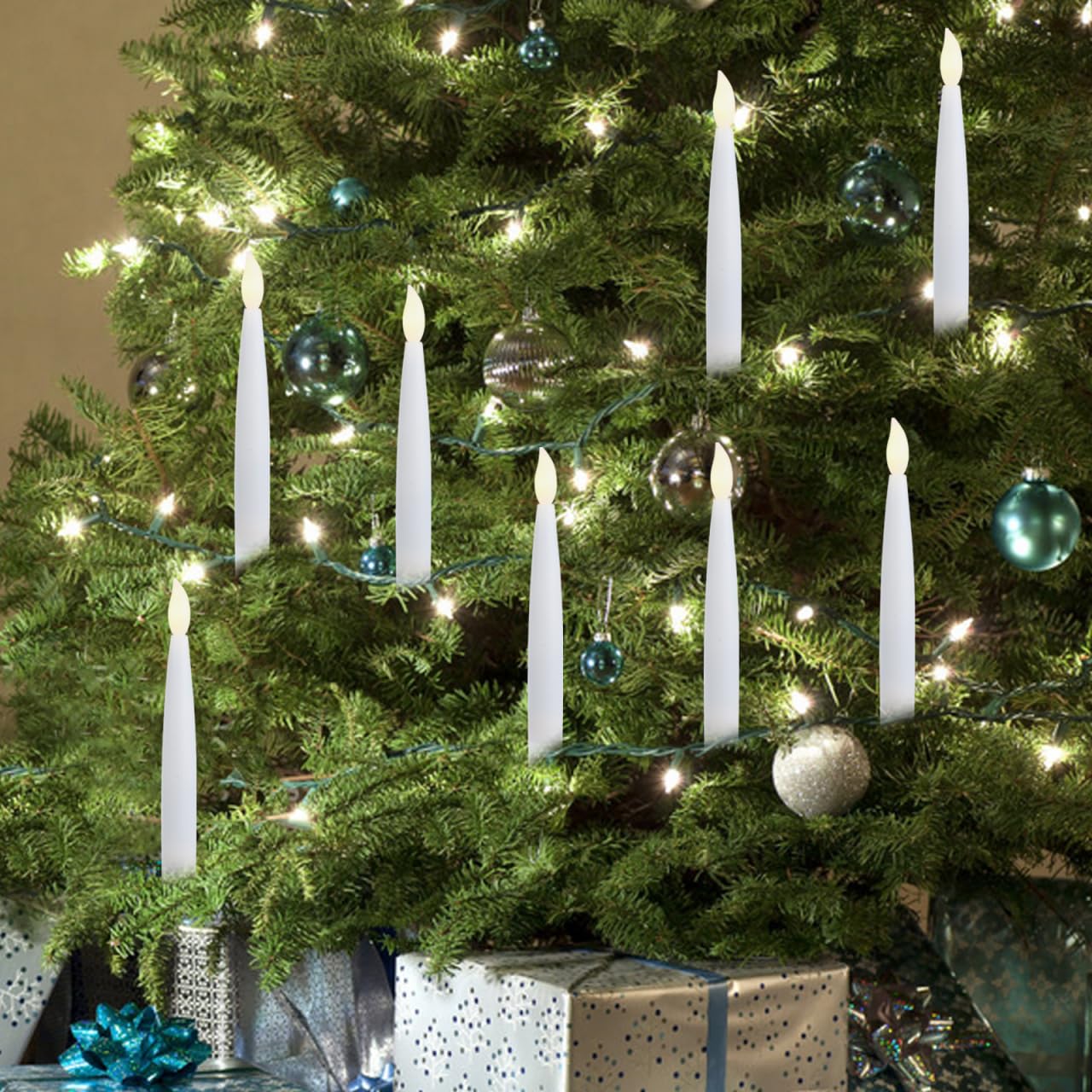 Angoily 12 Pcs Flameless Led Taper Candles Battery Operated Christmas Tree Lights Electric Fake Candles for Holiday Home Garden Wedding Parties Decor Includes Clips Fishing Line, Warm Led Lights