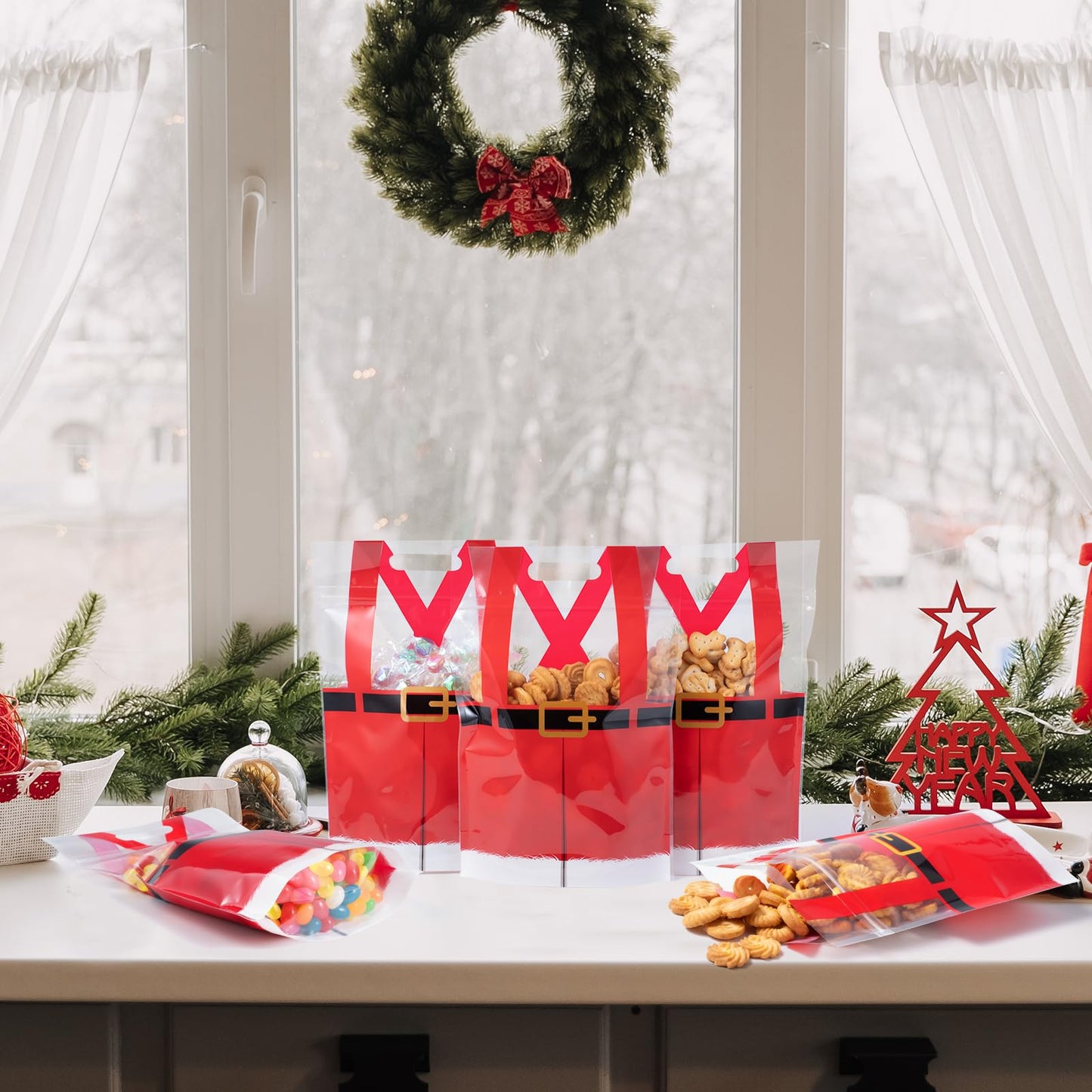 Shemilly 60pcs Christmas Treat Bags,Christmas Plastic Resealable Candy Gift Bag with Handle,Transparent Santa Pants Sealing Goodie Pouch for Xmas Winter Holiday Party Favors Decorations,9X6inch