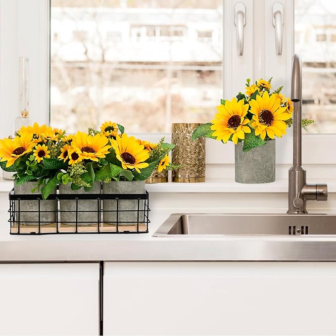 Sunflower Artificial Flowers, Fake Sunflower Table Centerpiece Decor, Artificial Fall Flowers Arrangement Farmhouse Decoration for Home Bathroom Kitchen