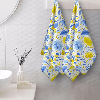 Blue Yellow Floral Decorative Towels for Bathroom Absorbent Watercolor Flower Bath Hand Towels for Bathroom Spa Gym Yoga Farmhouse Spring Summer Home Decor Housewarming Gifts Set of 2