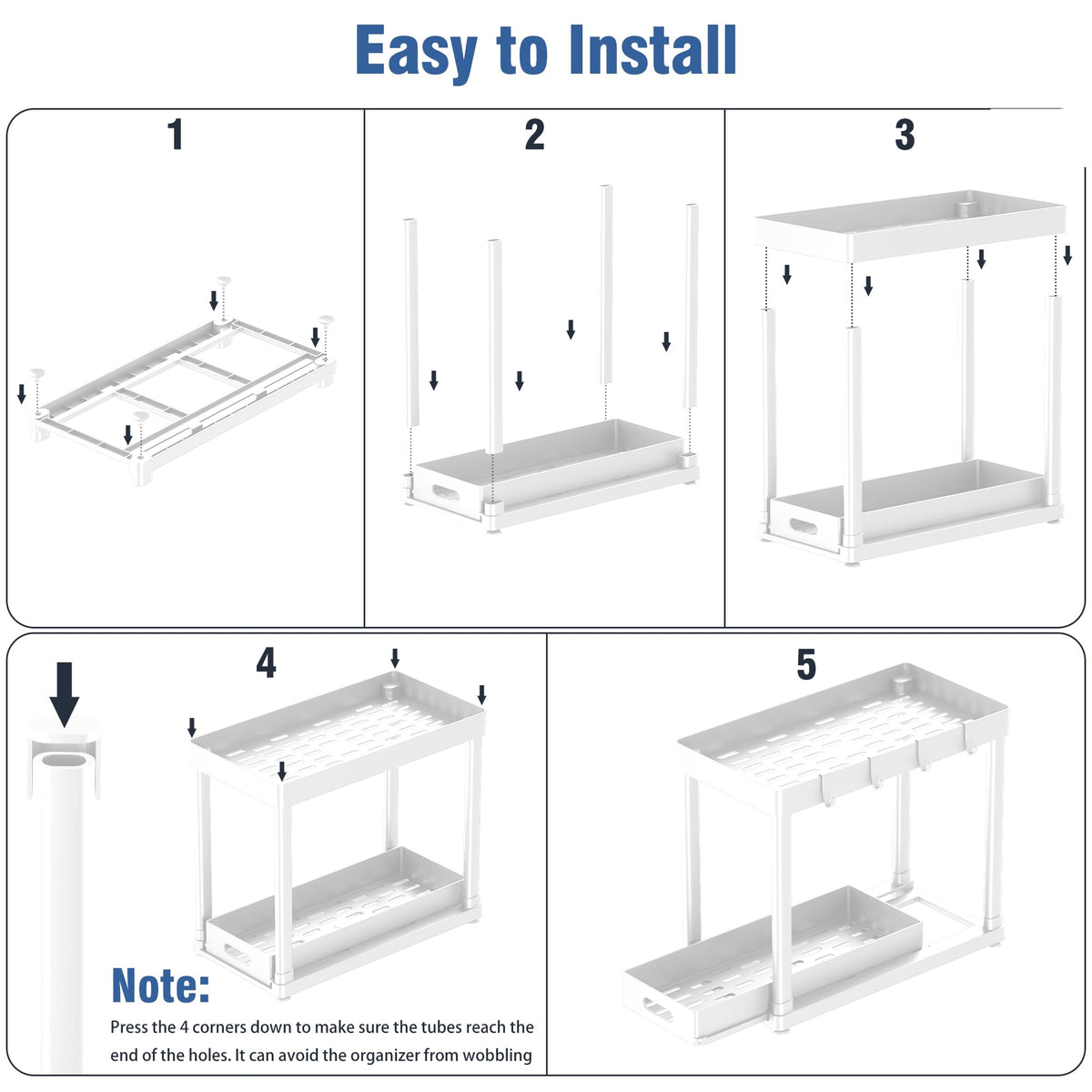 2PC Under Sink Organizer Rack 2 Tier Under Sliding Cabinet Basket Organizer Drawer with 4 Hooks, Multi-purpose Under Sink Storage for Bathroom Kitchen Desktop（Black）