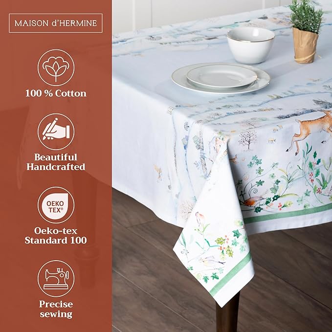 Maison d' Hermine Table Cloth Rectangle Table 100% Cotton 70 x 120 Inches Fall Tablecloth Reusable Everyday Use for Thanksgiving Christmas Decorations Dining Farmhouse Party (Snowy World)