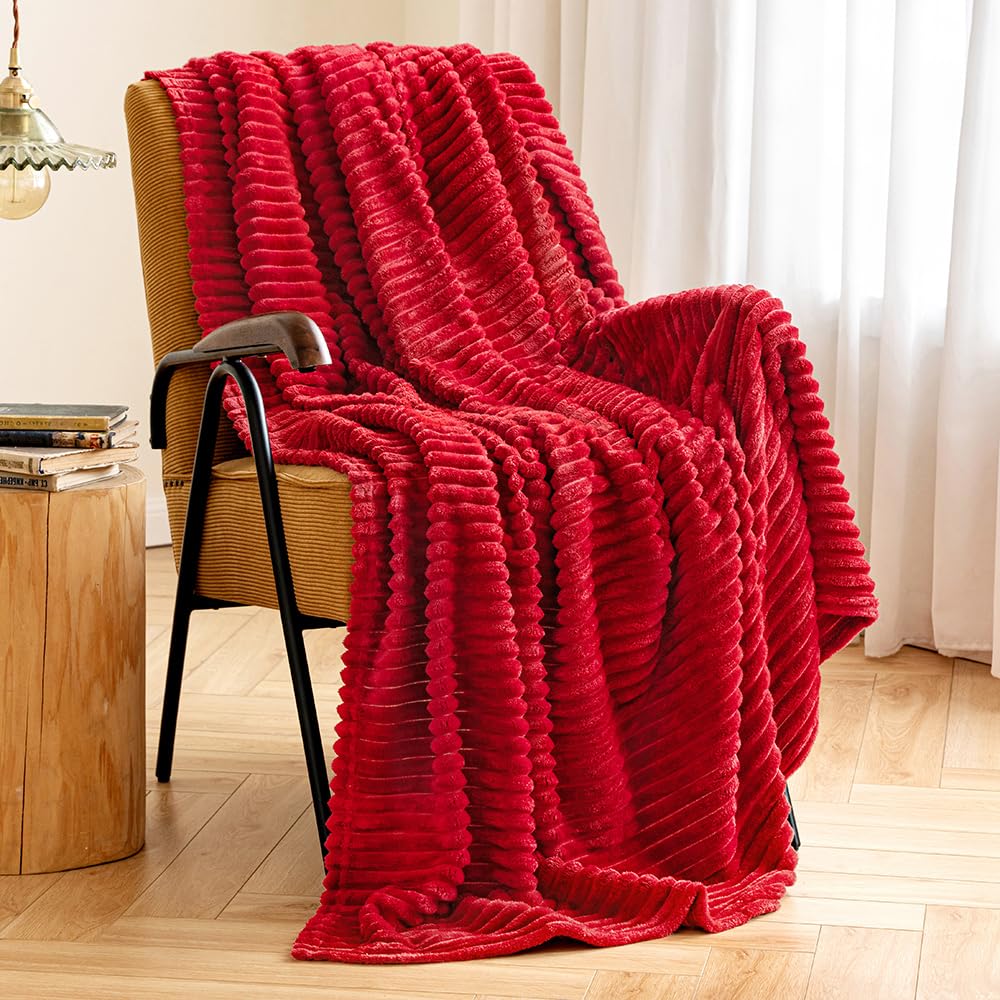 MIULEE Red Fleece Throw Blanket for Couch 300GSM Super Soft Lightweight Plush Striped Blanket, Christmas Warm Cozy Breathable Ribbed Flannel Throws for Bed/Sofa, 50"x60"