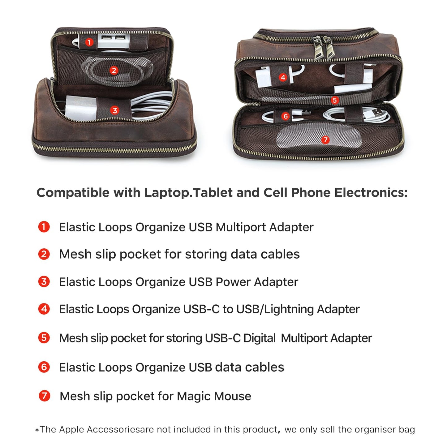 Hiram Handmade Crazy Horse Leather Tech Organizer Travel Case – Accessories Organiser Bag for Laptop, Tablet & Cell Phone, Double Compartment Charger Organizer Travel Case Coffee