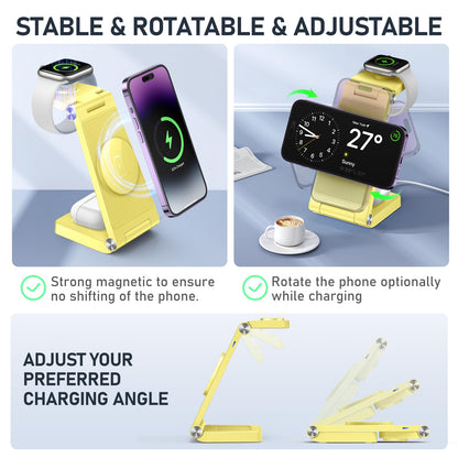 Magnetic Wireless Charger Stand, 3 in 1 Foldable Wireless Charging Station with 20W Adapter, Travel Charger for Multiple Devices for iPhone 17 16 15 14 13 12 Pro/Max/Plus/Mini, iWatch, AirPods