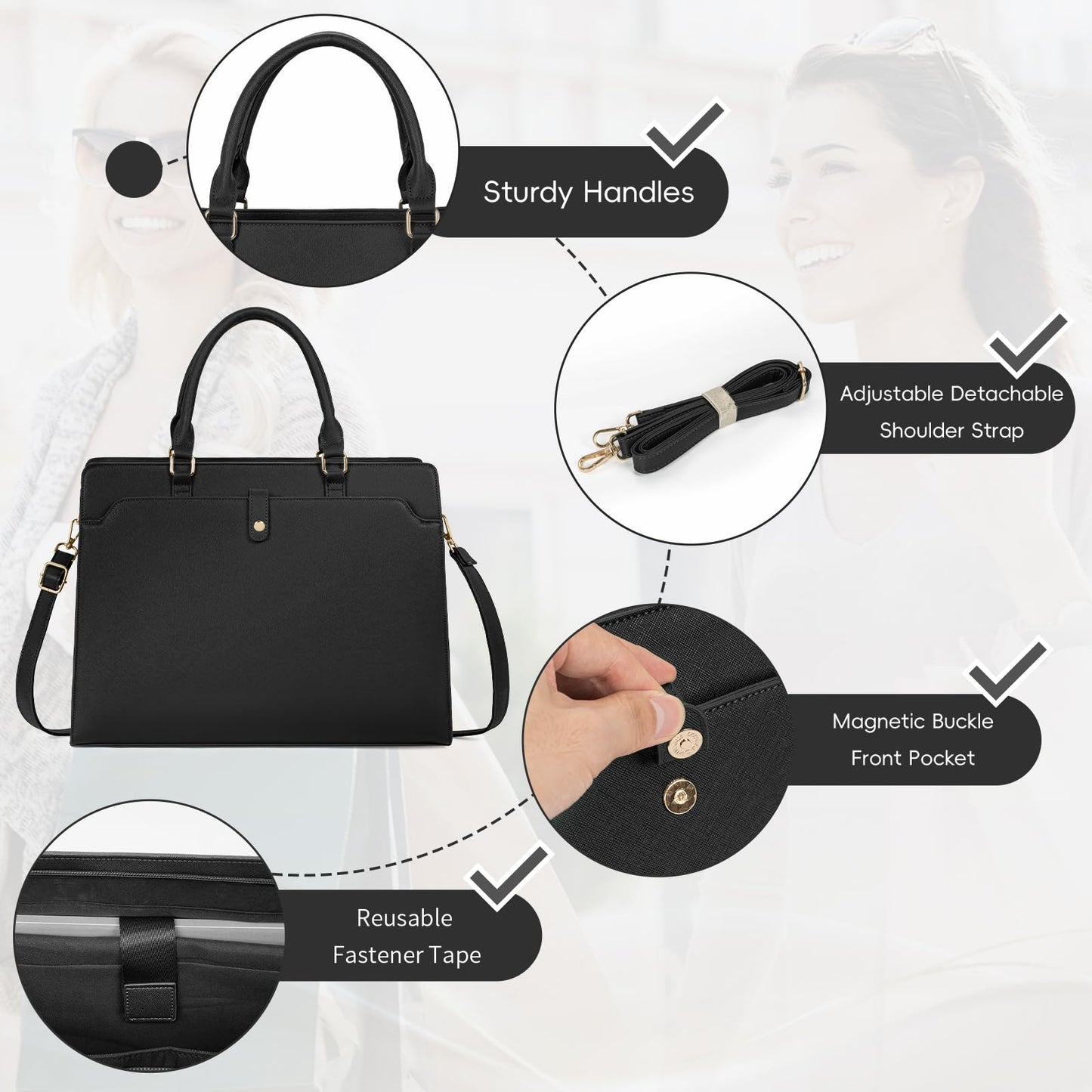GMAK Laptop Tote Bag for Women, Office Work Bag Briefcase for 15.6 inch Laptop, PU Leather Teacher Tote Bag Large Capacity Waterproof Computer Bags Teacher Handbag for Commute Office Travel, Black