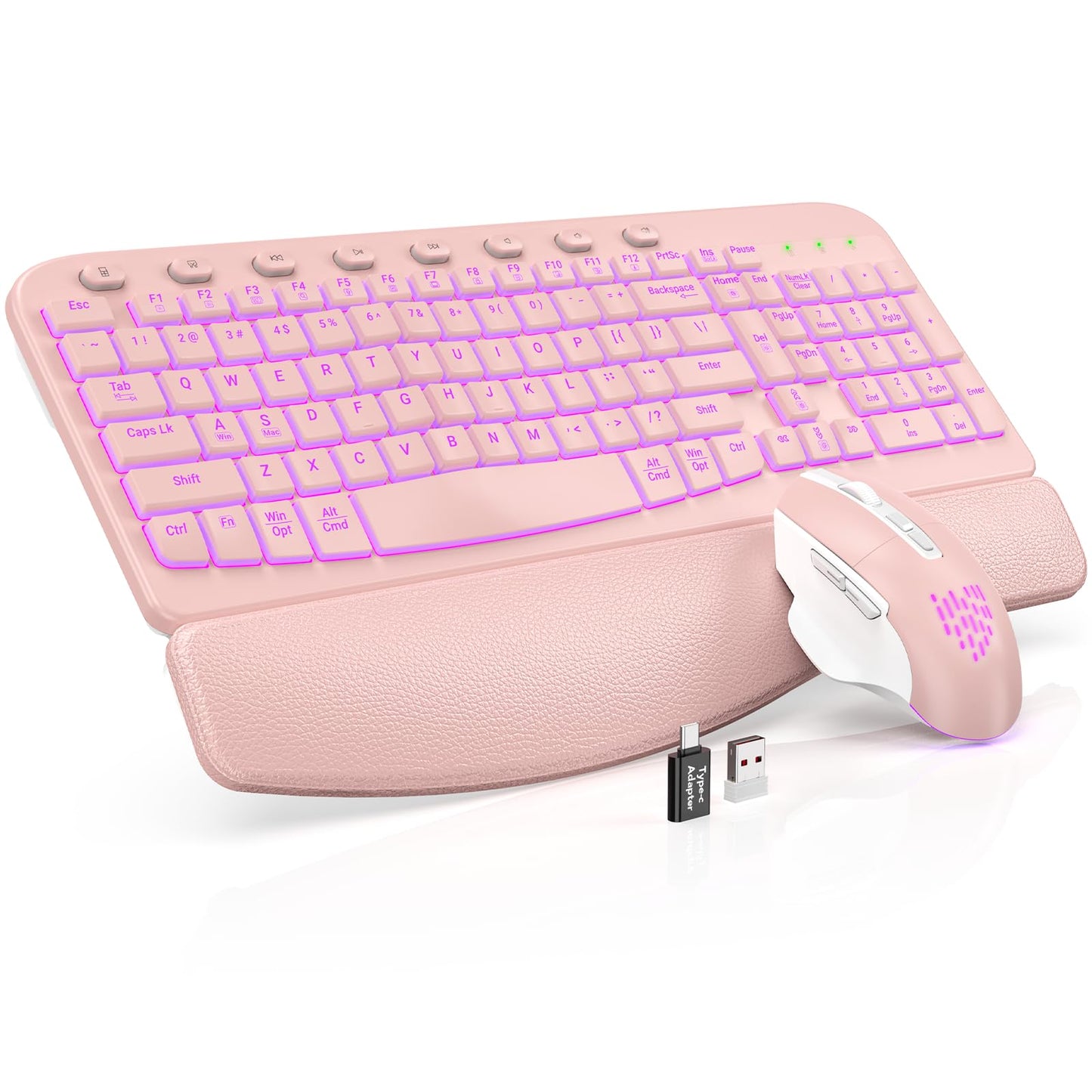SABLUTE Wireless Keyboard and Mouse Combo Ergonomic - MA12Pro Wave Keyboard with Leather Wrist Rest for Comfortable Typing, RGB Backlit Rechargeable for Windows, Mac, PC, Laptop (Pink)