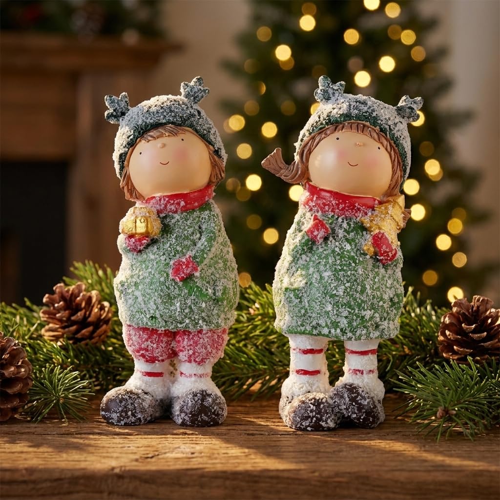 Brizoria Charming Winter Figurines Set of 2 Christmas Boy and Girl Statues Cute Kids Resin Holiday Figurines Winter Decorations Indoor for Home Mantel and Shelf Decor, 9"