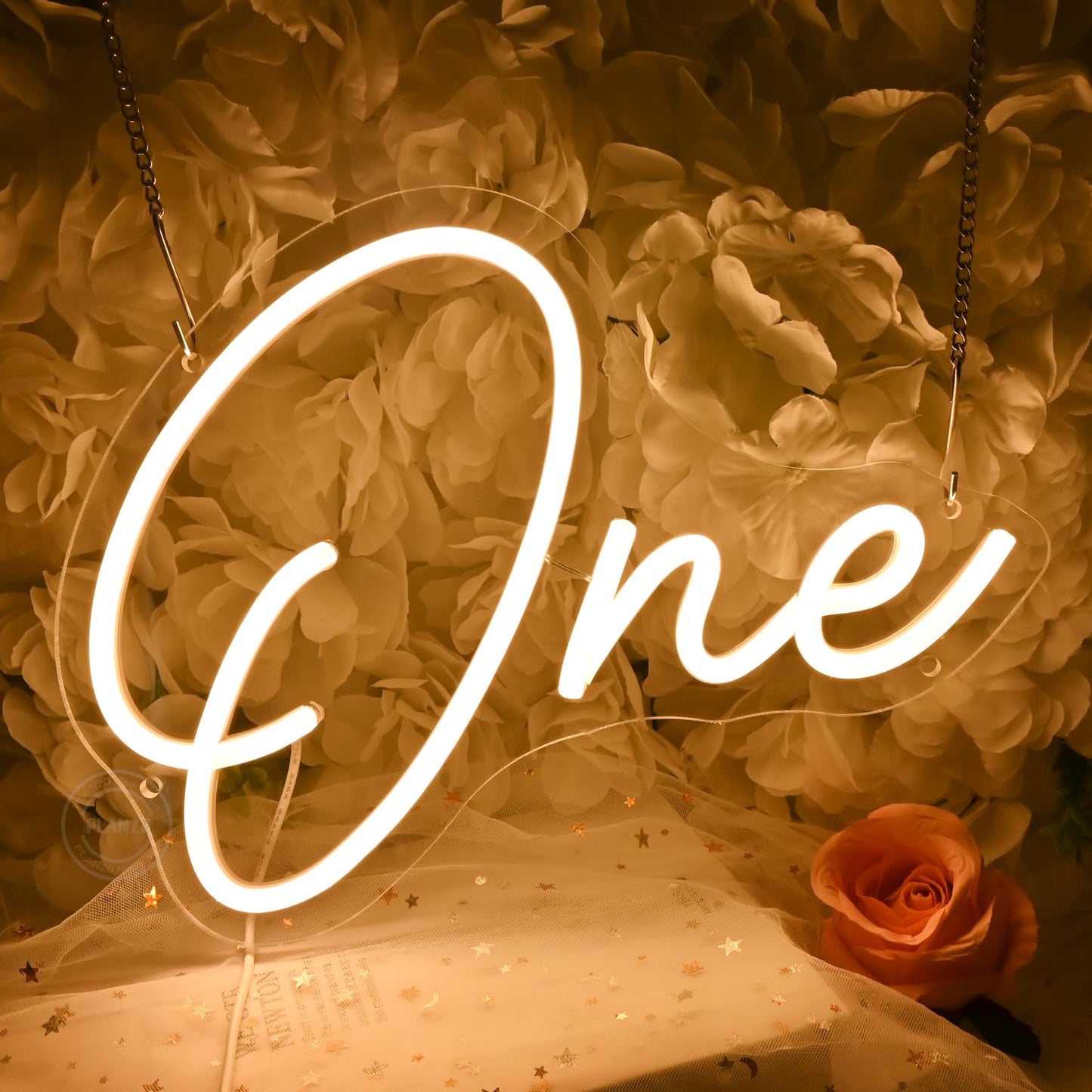 Planzo One Led Neon Sign Light 1th One Year Old Birthday Baby Cave Backdrop Bedroom Wall Sign Decor Banner Wedding Party Decor Gifts USB 11.81"x8.66" Warm White