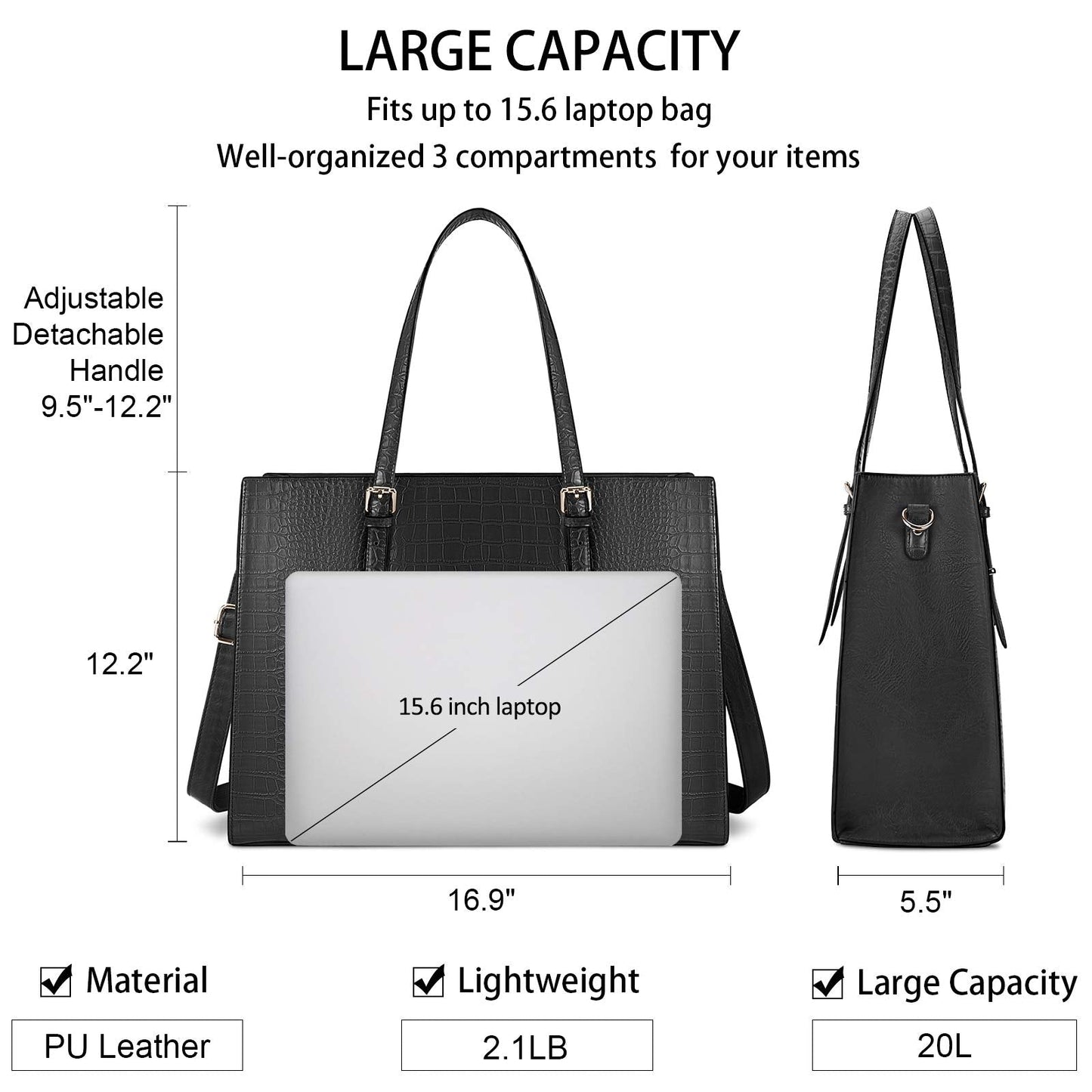 Laptop Bag for Women 15.6 Inch Crocodile Leather Tote Bag Water-resistant Work Briefcase Business Computer Shoulder Bag for Travel Teacher Nurse Professional Handbag,Black