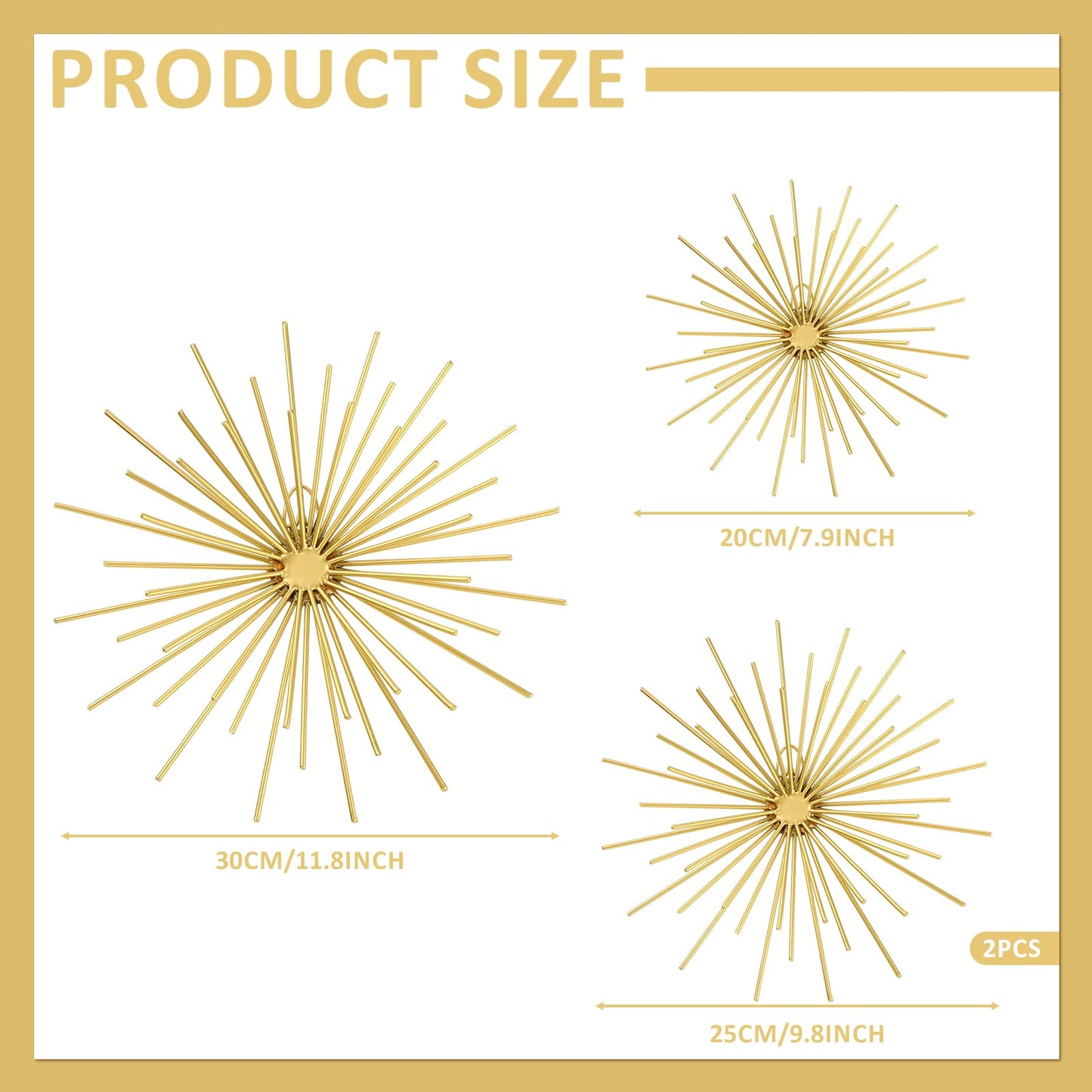 Shimeyao 4 Pcs Metal Starburst Wall Decor Gold Metal Wall Art 3D Spike Bling Finish Star Burst Hangings Accents Sculptures Set Modern Mid Century Decorations for Living Room Bedroom Entryway