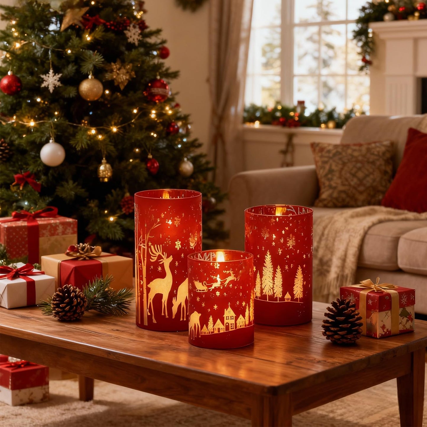 Wondise Red Christmas Reindeer LED Flameless Candles with Remote Timer, Electroplate Glass Battery Operated Real Wax Flickering 3D Wick Pillar Candles for Christmas Holiday Home Decoration